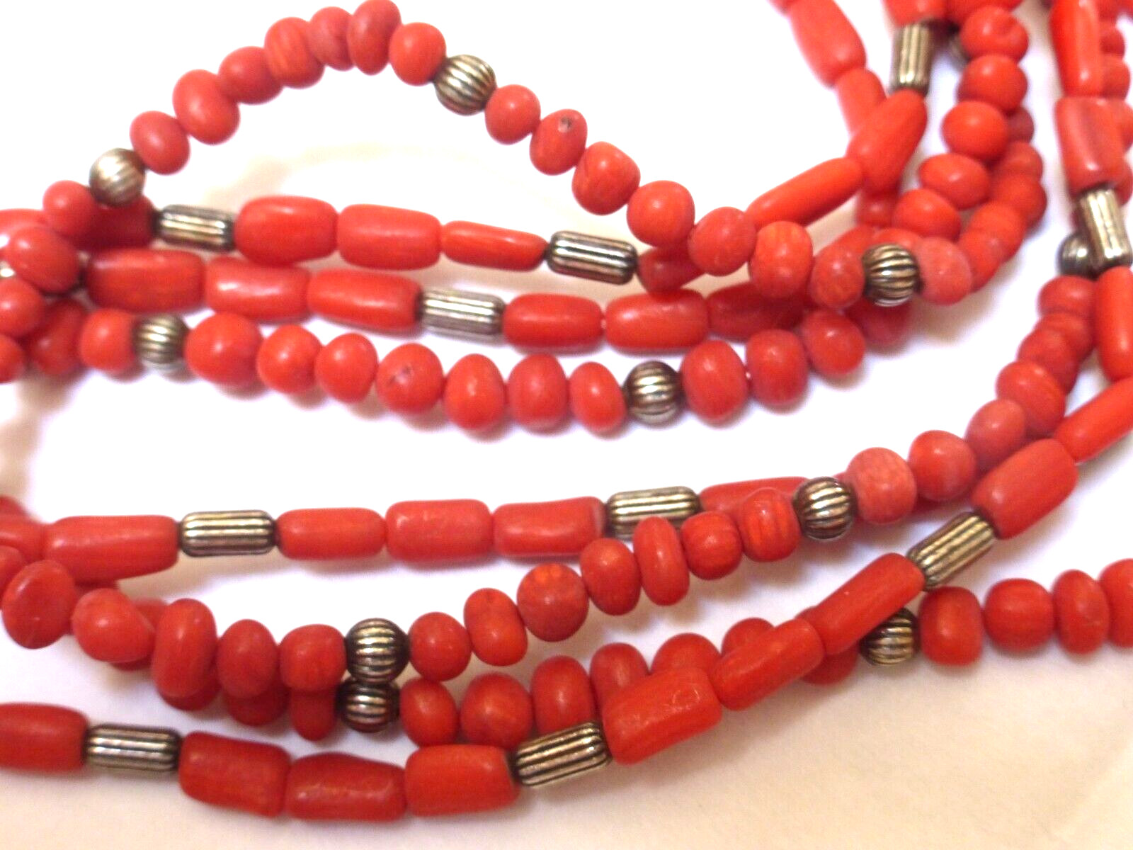 Vintage sterling silver red coral bead 4 stands necklace, undyed