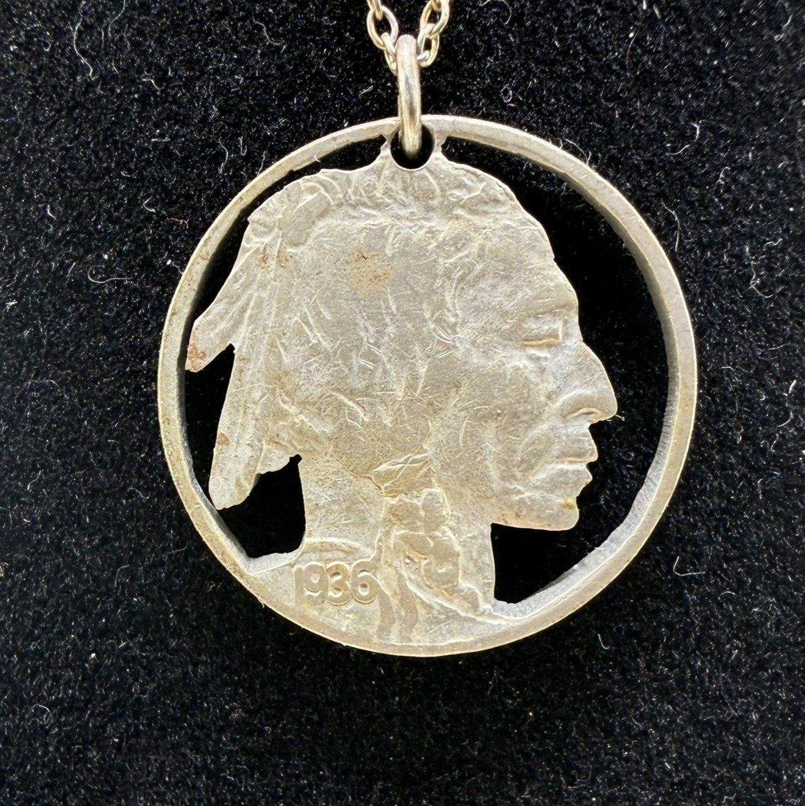 1936 Buffalo Nickel Cut Out Pendant Sterling Silver Necklace 18” Vintage