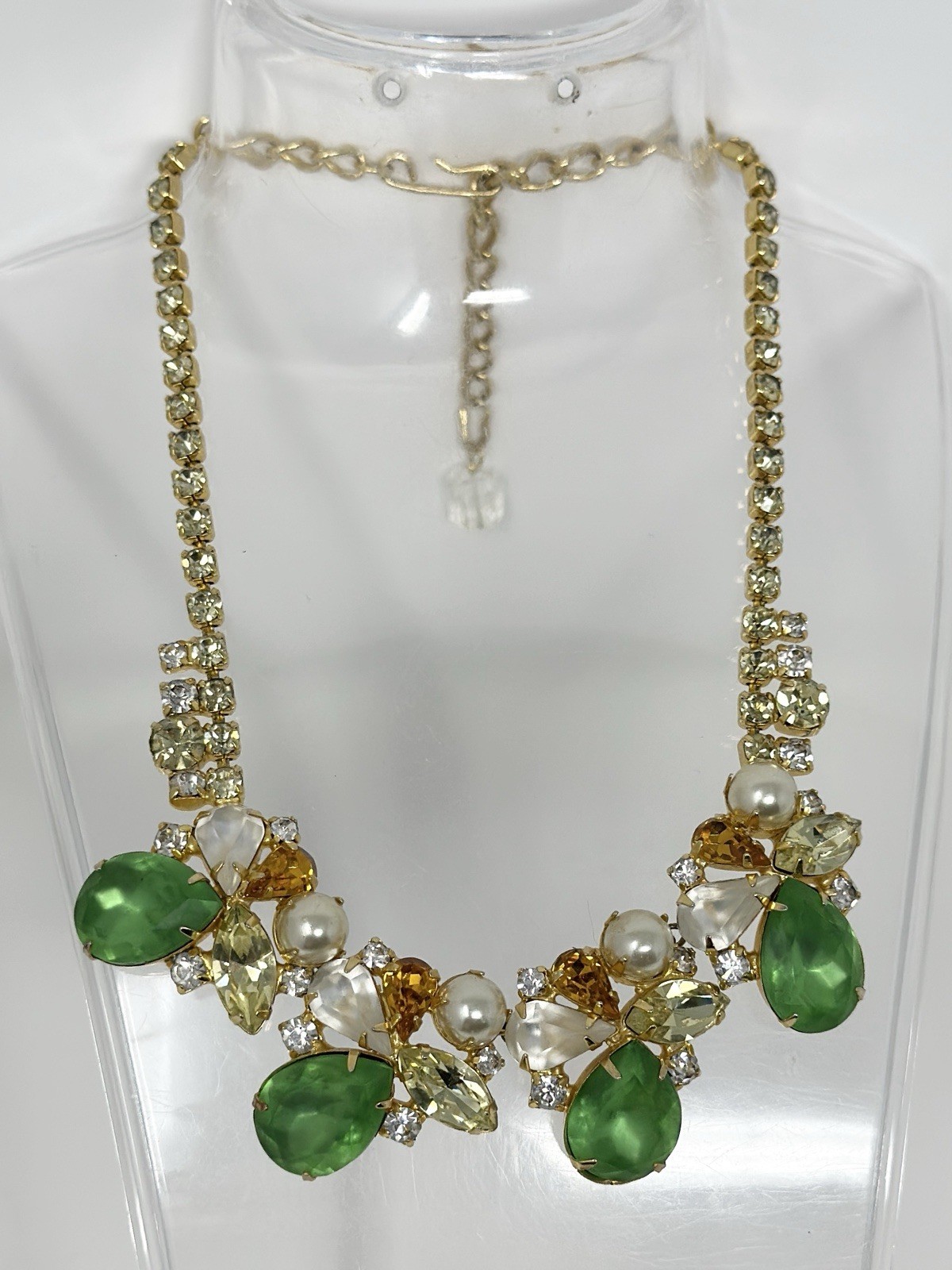 Vintage Czech Crystal Collar Necklace Green Yellow Imitation Pearl Statement 17”