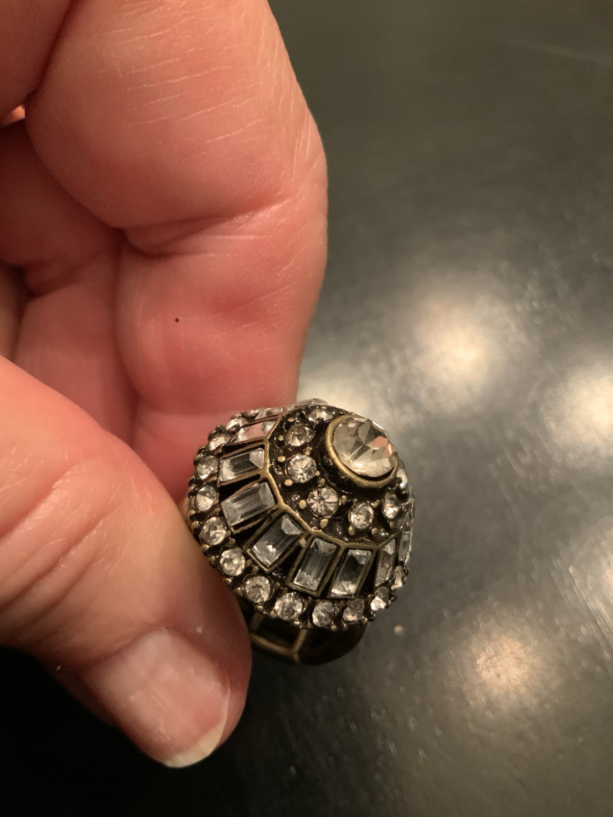 Gold Tone Rhinestone Dome Ring Stretch Tubular Band Fits Various Sizes Boho