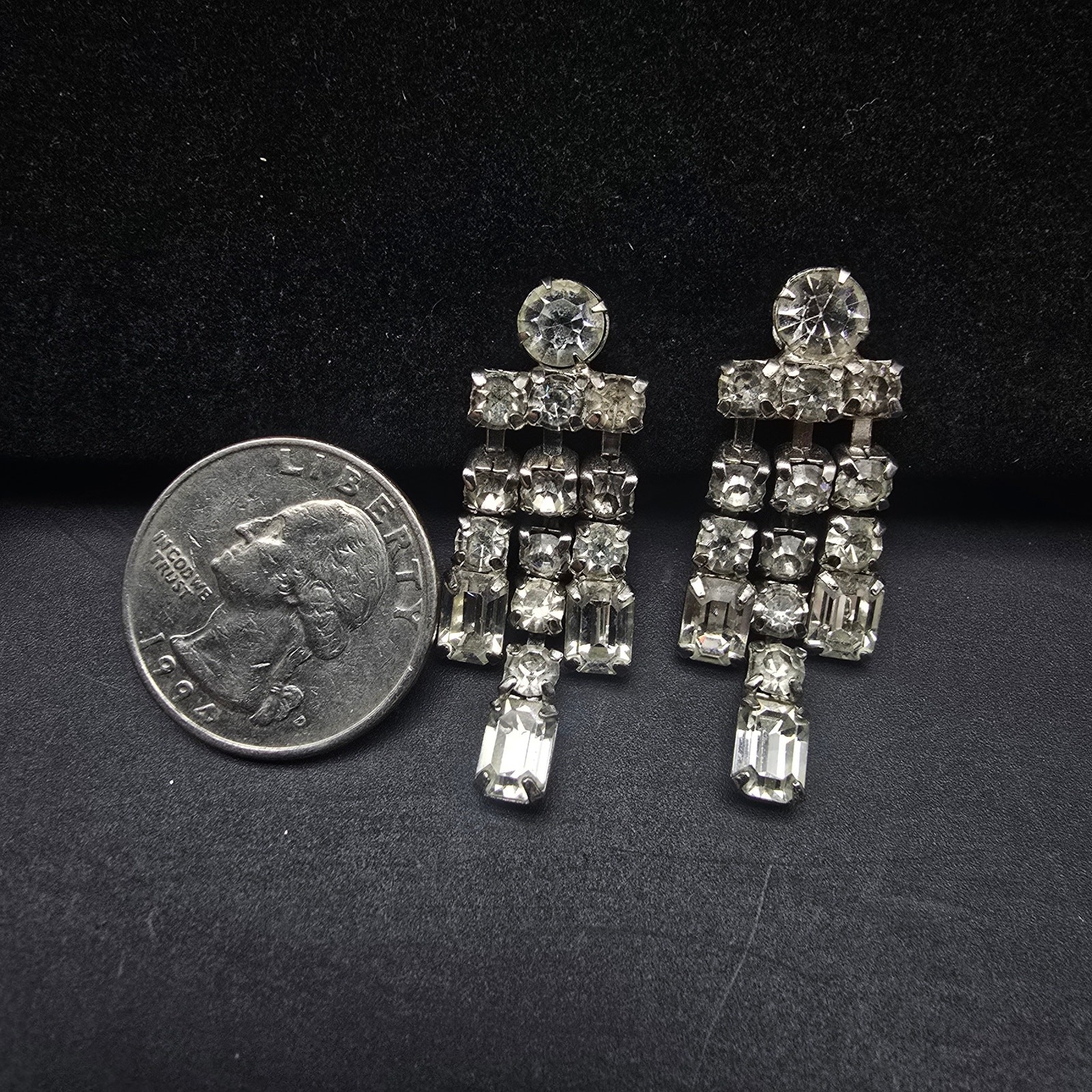 Clear Glass Rhinestone Screw Back Earrings Vintage Glam Costume Jewelry