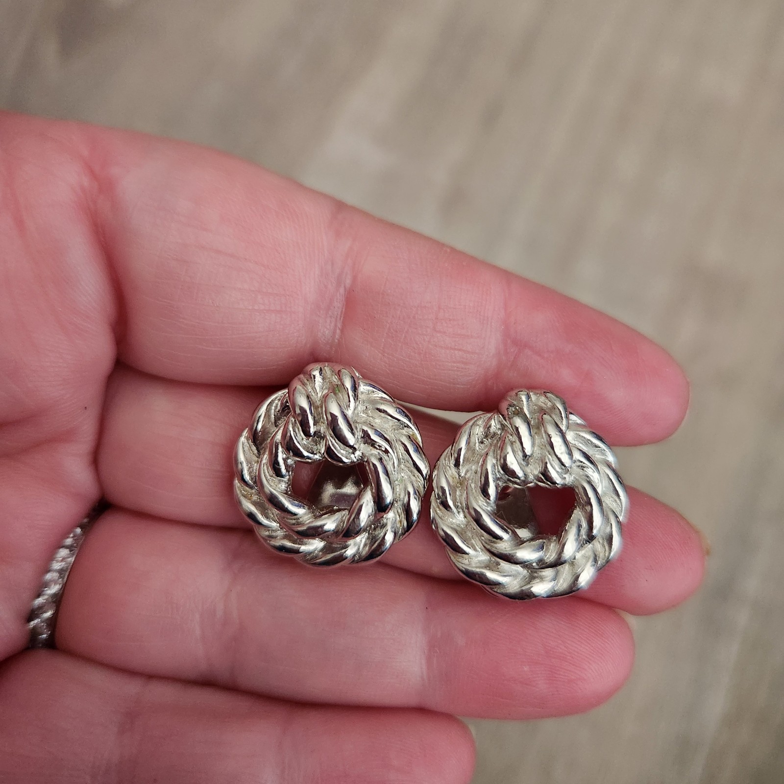 Vintage Monet Silver Tone Knotted Rope Clip-on Earrings Round Wreath