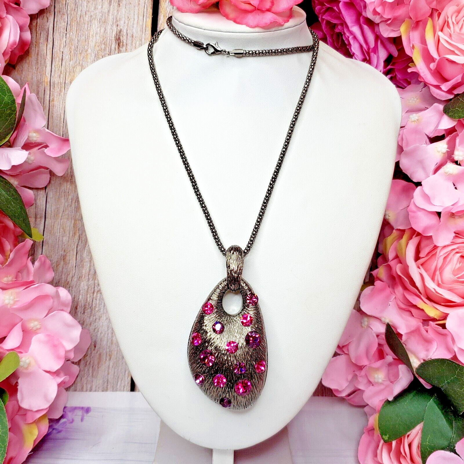 Pink Purple Rhinestone Large Pendant Necklace Gunmetal Tone Chain Statement