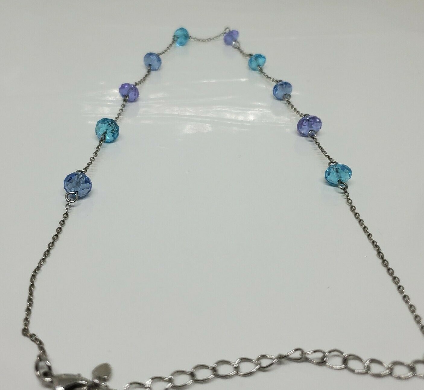 Vintage Beaded Purple Blue Necklace Rhinestone Silver Tone 18″ Adj