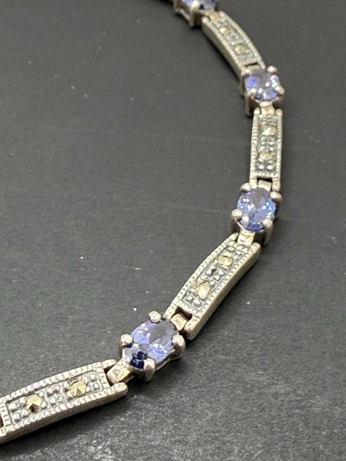 Vintage 925 CW Amethyst Marcasite Stone Panel Link Bracelet Sterling Silver 8”