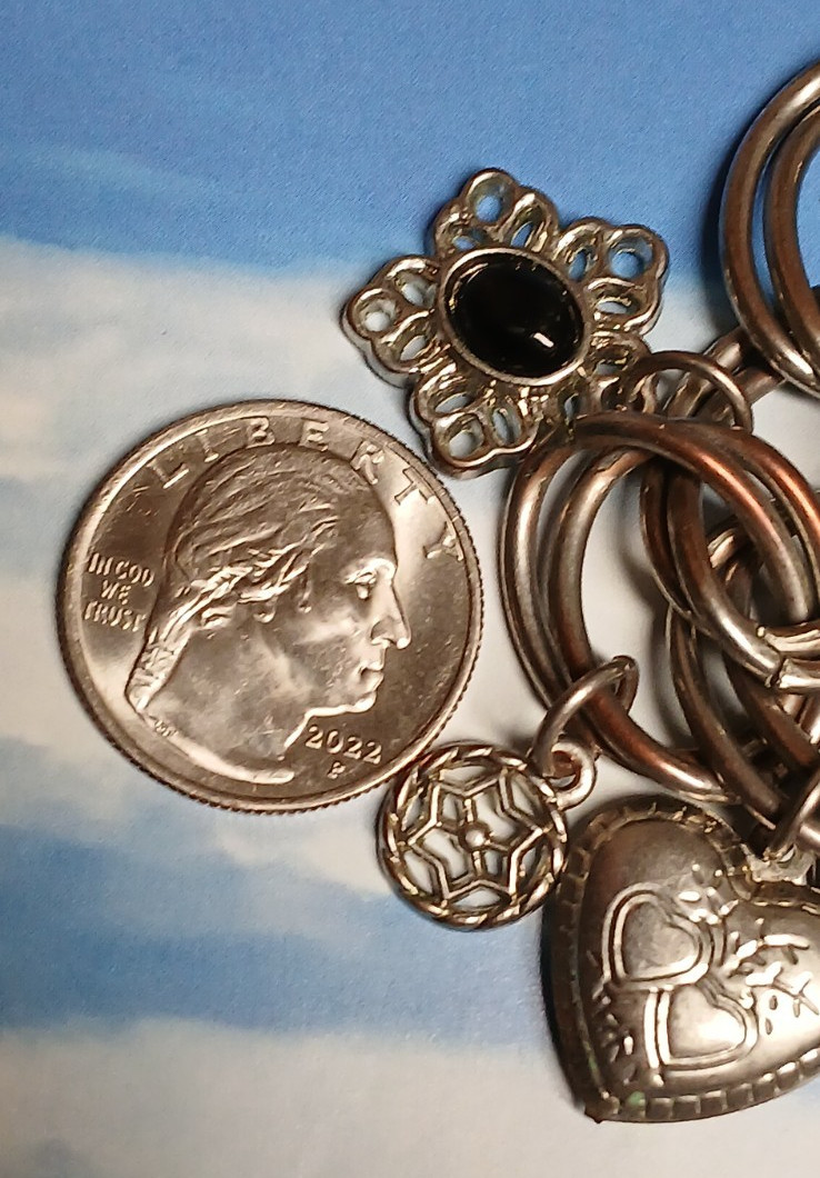 Monet Silver Tone Chain Link Bracelet w/9 Charms, Gems, Hearts and Flower Design