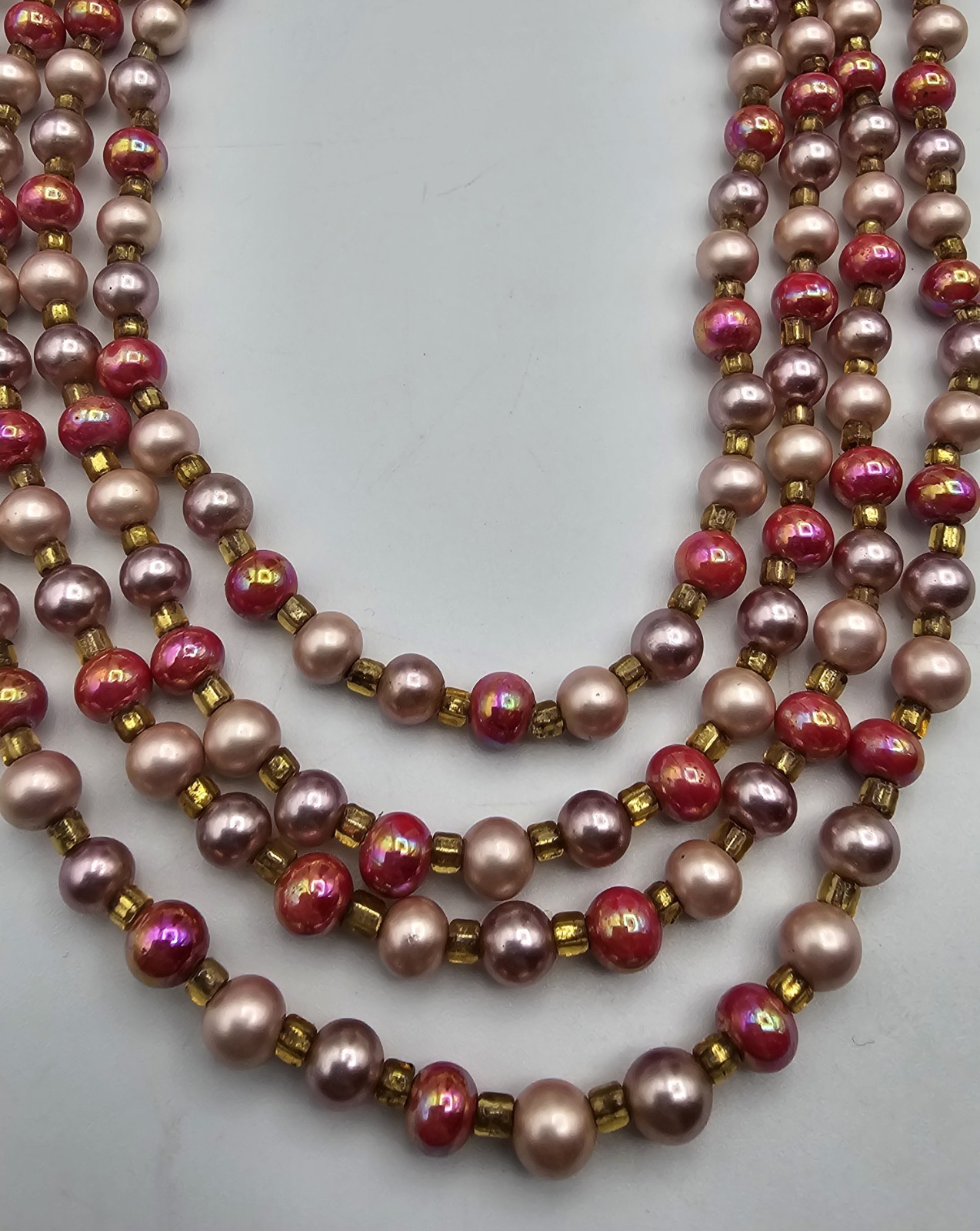 Vintage Multi-Strand Faux Pearl Necklace ~ Pinks & Purples Three Strand Japan