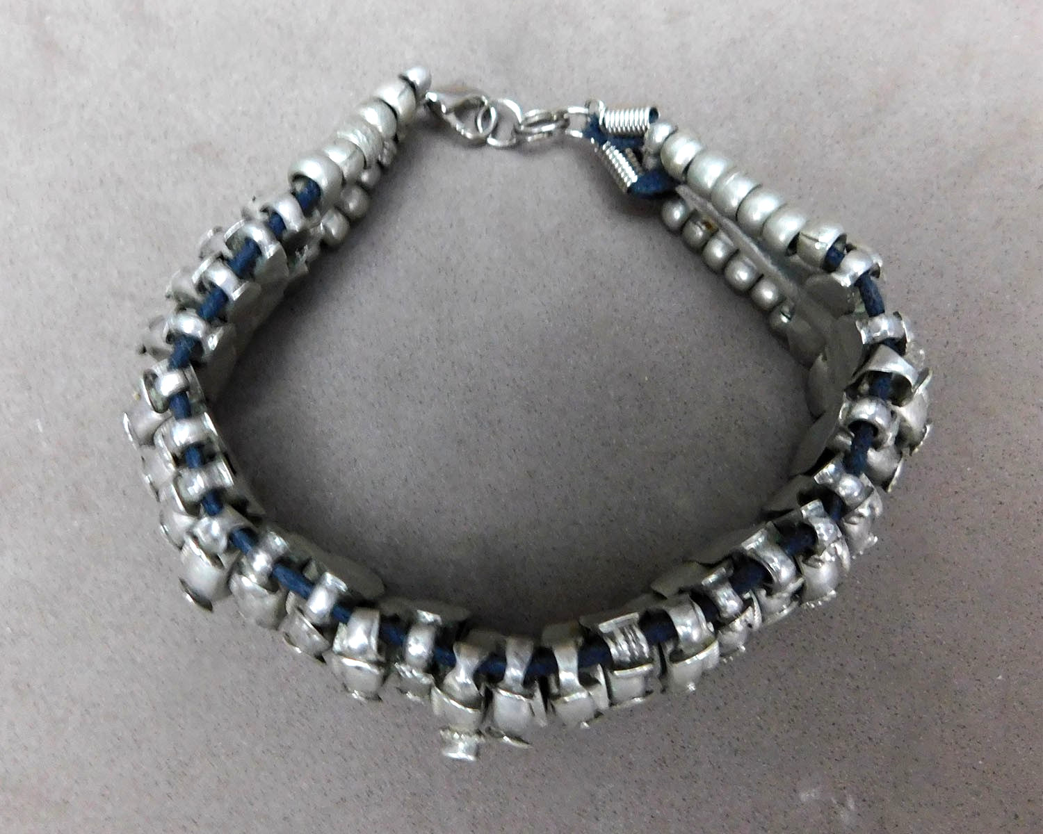 Vintage Handmade Segmented Silver Tone Metal Bracelet Small Stone Clean Used