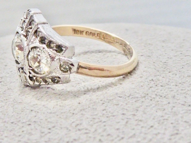 ANTIQUE EDWARDIAN 10K YG ON STERLING SILVER SIZE 6.75 CLEAR STONE RING DECO RING