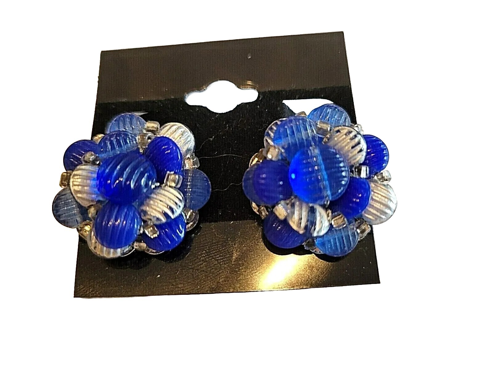 VTG Cluster round unique blue silver Clip Earrings Flower Grannycore