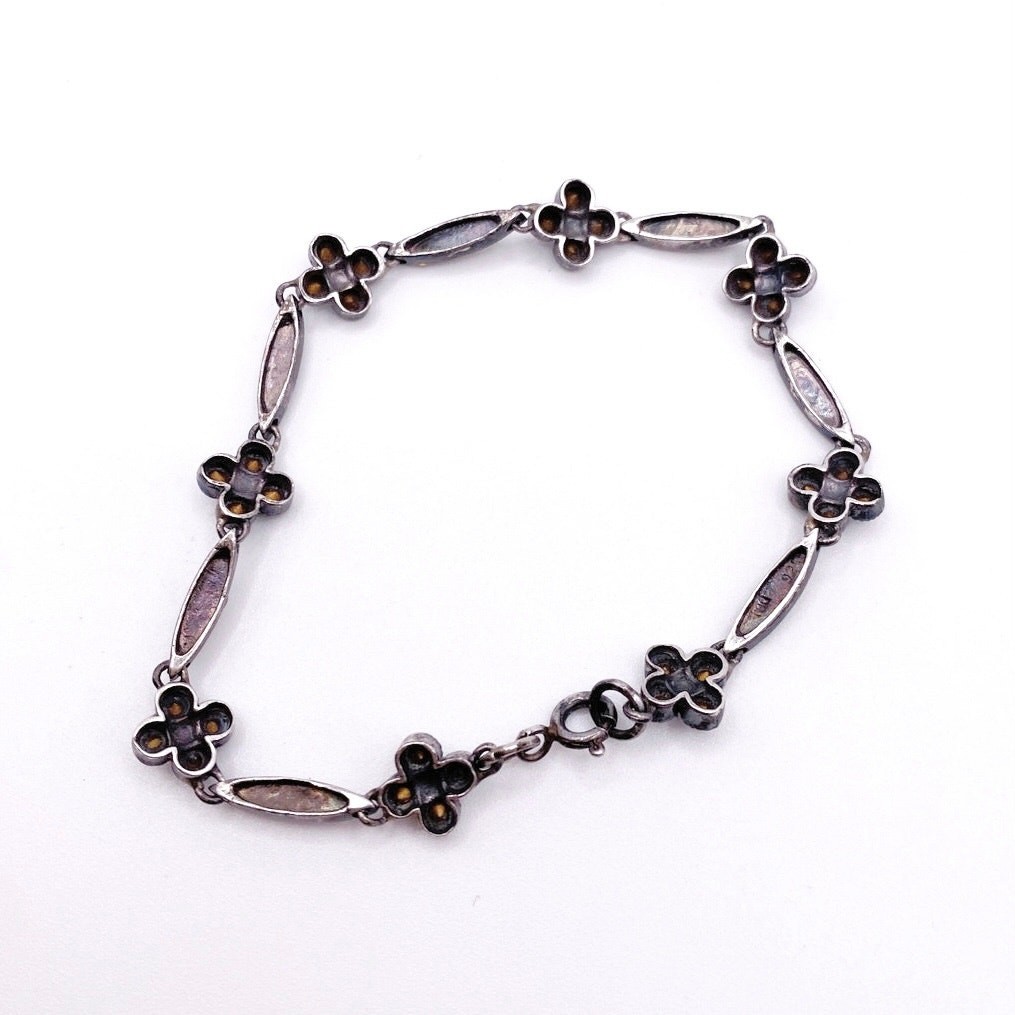 Vntg Sterling Silver With Blue Crystal and Marcasite Flowers Bracelet