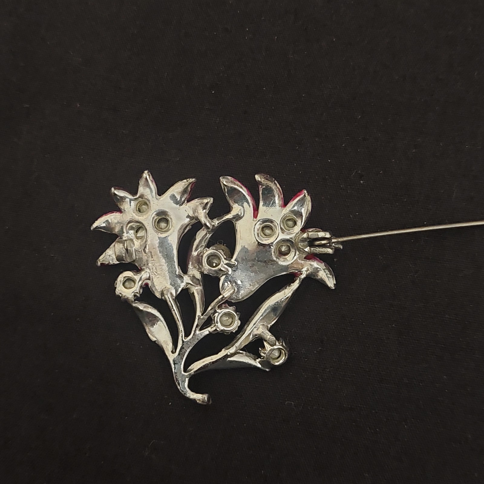 Vintage British Pink Green Guilloche Enamel Lily Rhinestones Flower Brooch