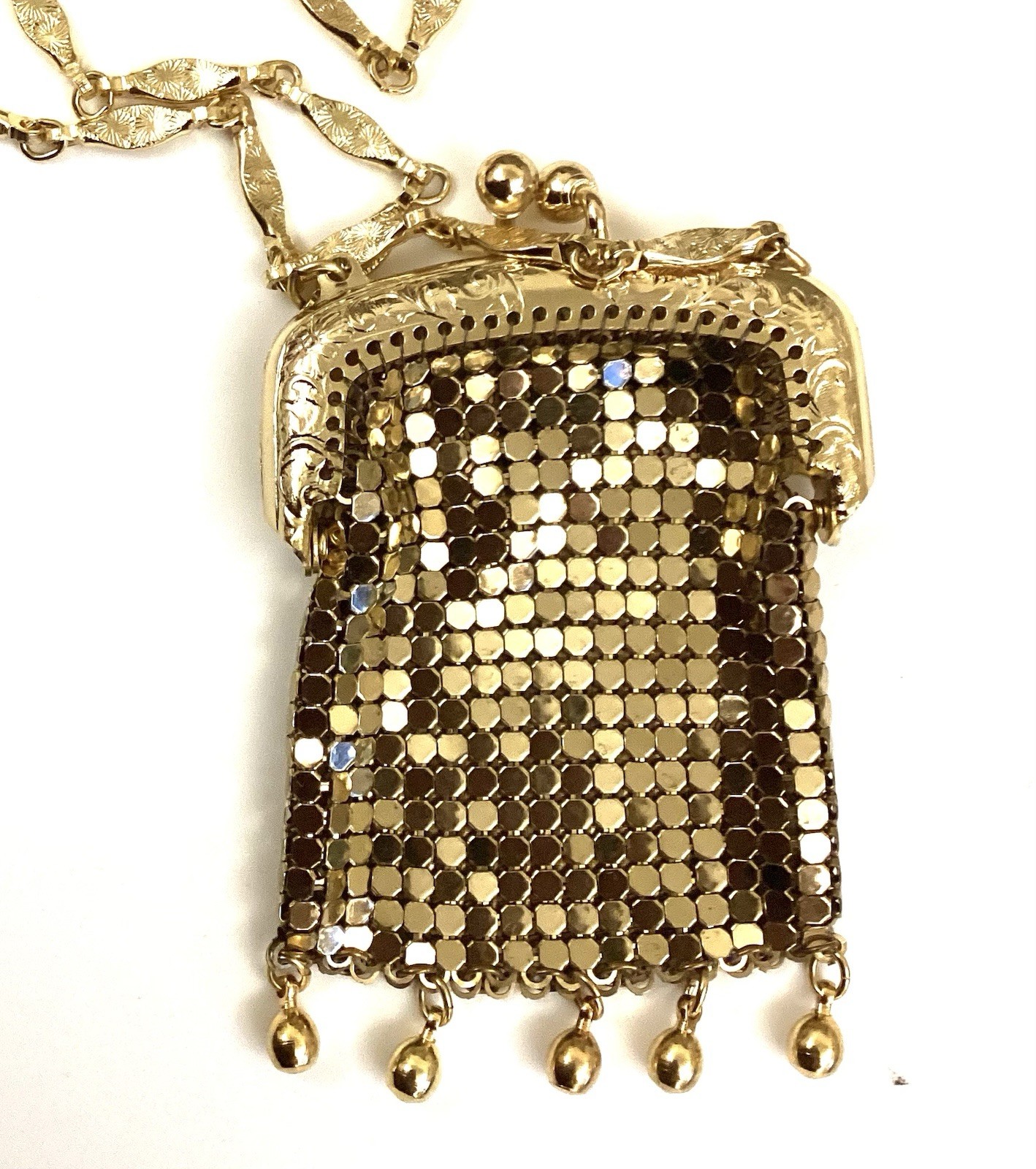 Vintage Gold Tone Mesh Chatelaine Purse Necklace Whiting Davis Pursette 1960s