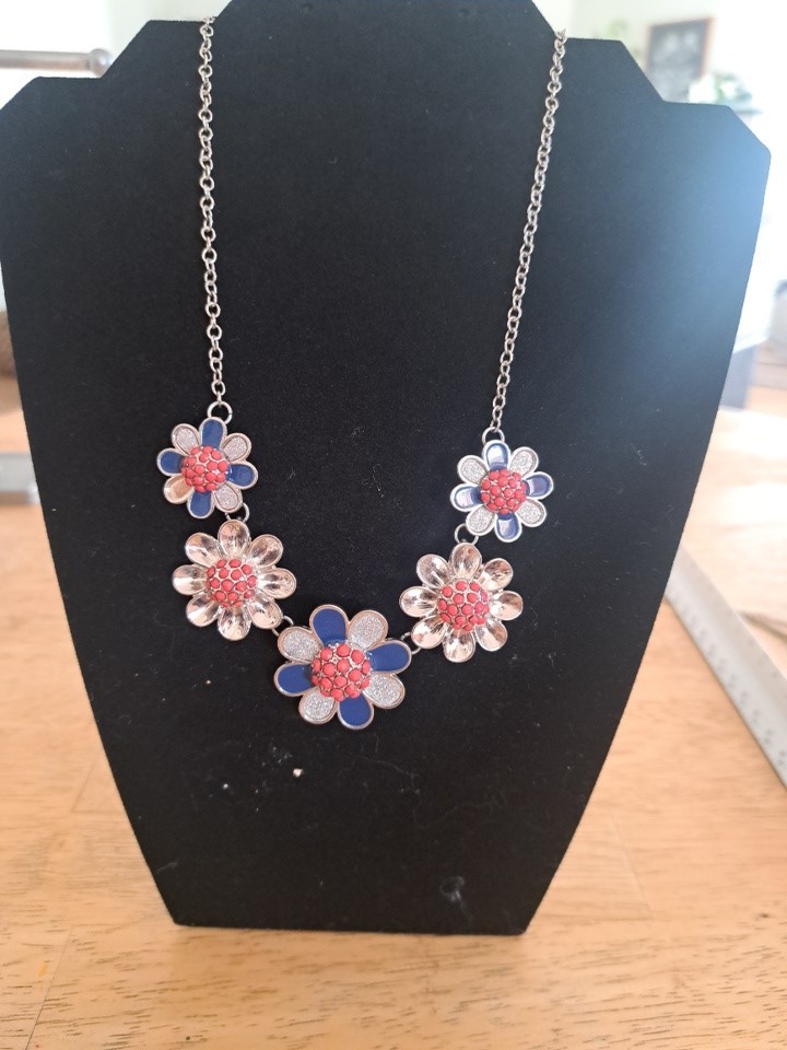 Silver Red & Blue Tones Floral Statement Necklace