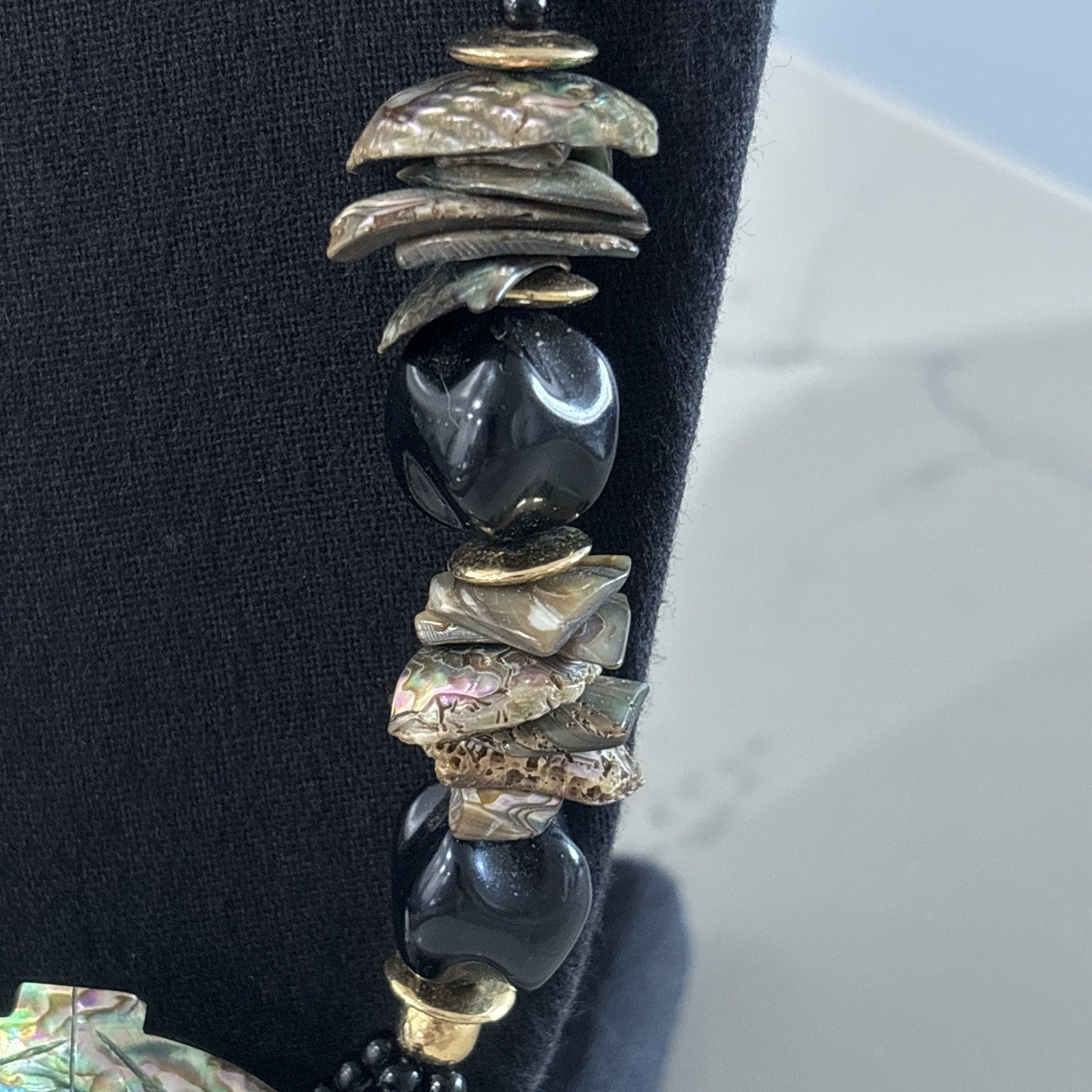 Vintage Beaded Statement Necklace Carved Abalone Shell Leaf Boho Black 80s 90s