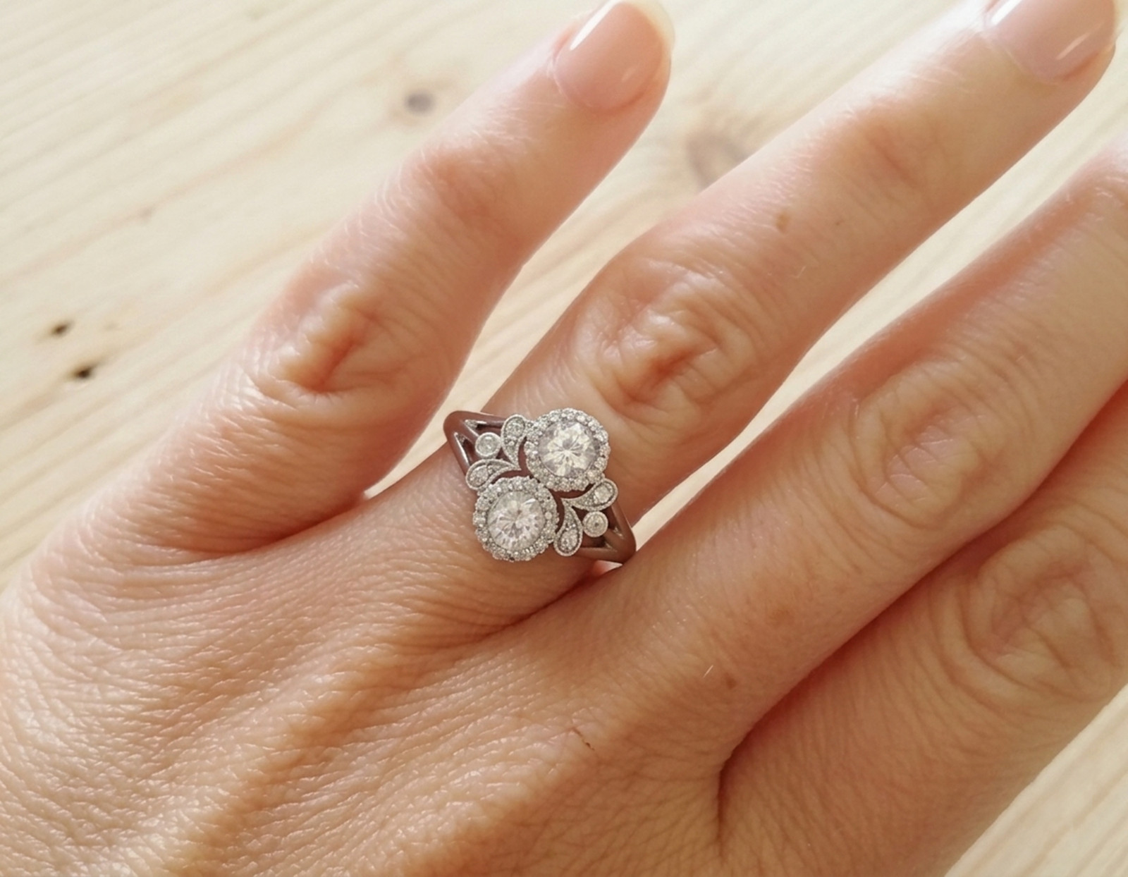 Art Deco Toi Et Moi Ring Old European Cut Moissanite Stone Halo Engagement Ring