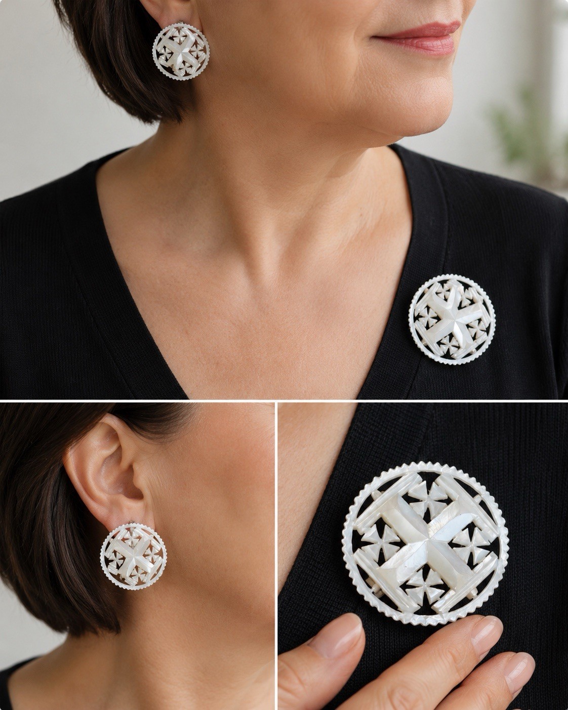 Vintage Hand Carved Mother Of Pearl Brooch & Clip Earrings Set