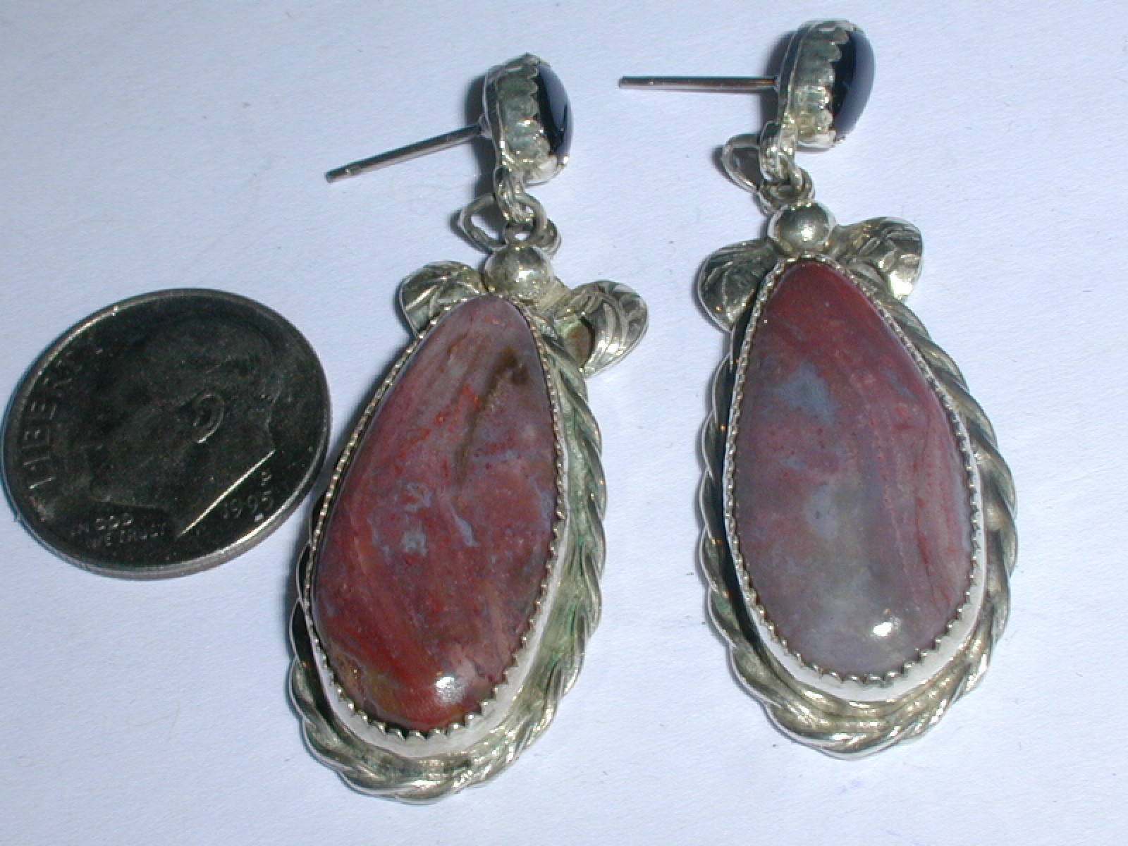 VINTAGE DESIGNER-L & D DESIGN STERING SILVER JASPER & BLACK ONYX DANGLE EARRINGS