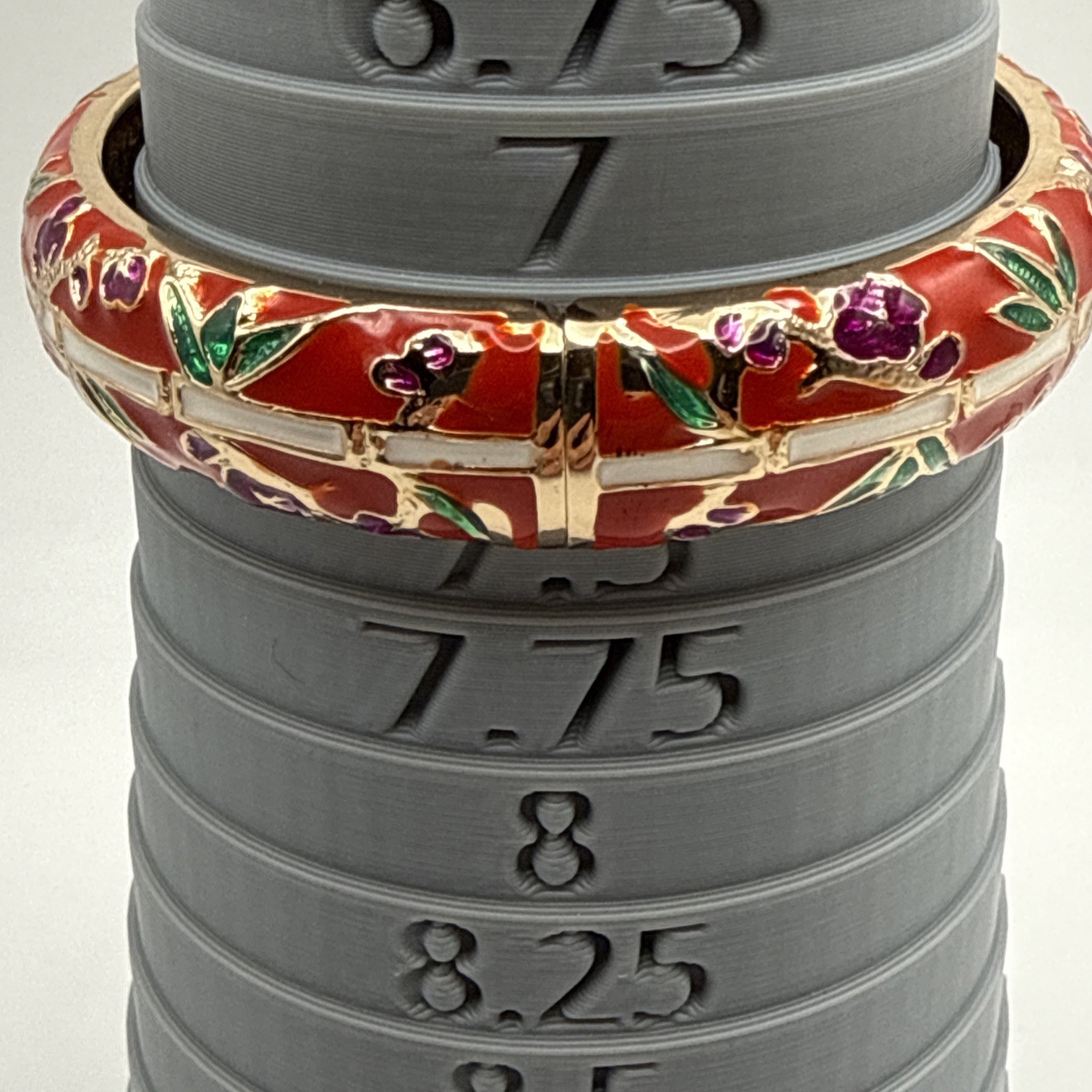 Jiu Long Xing- Red, Purple, White, Green Enamel Hinged Bangle Bracelet- Signed