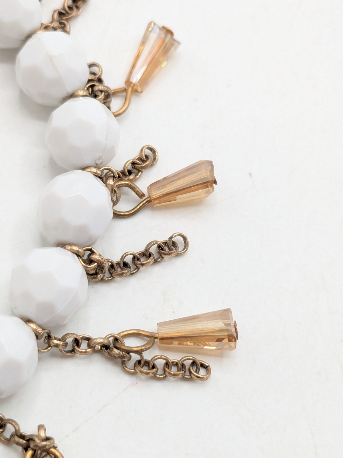 Vintage Gold Tone White Beaded Bracelet with Champagne Color Dangles
