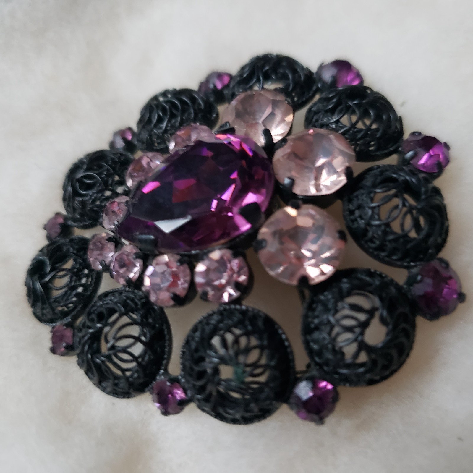 Vtg Filigree Brooch Purple Teardrop Stone Pink Mid-Century Japanned Gunmetal
