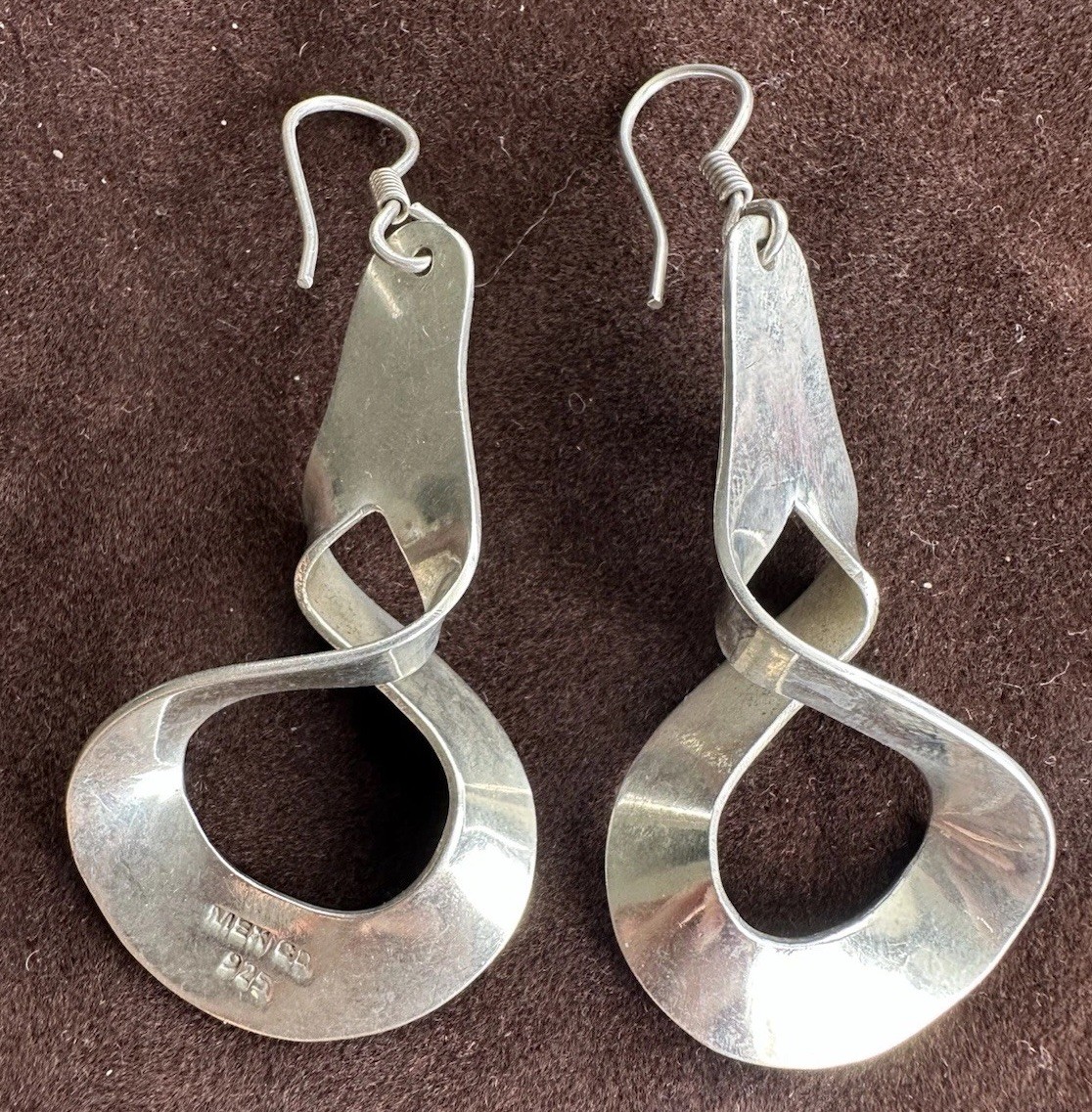 Vintage MEX CD 925 Sterling Silver Twist Dangle Earrings Modernist Taxco Style