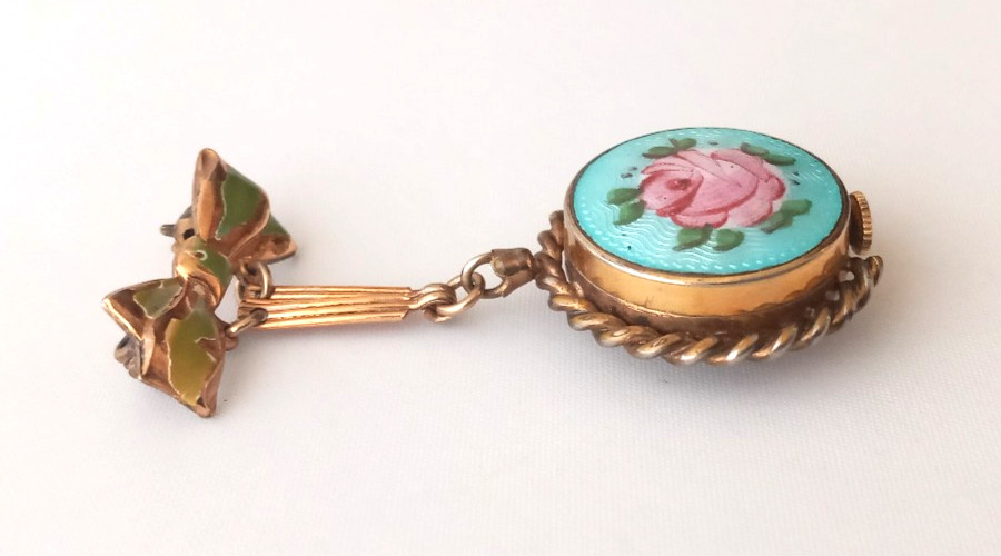 Vtg. CROTON Deco Enamel Guilloche Bow Pin Brooch Manual Swiss Watch