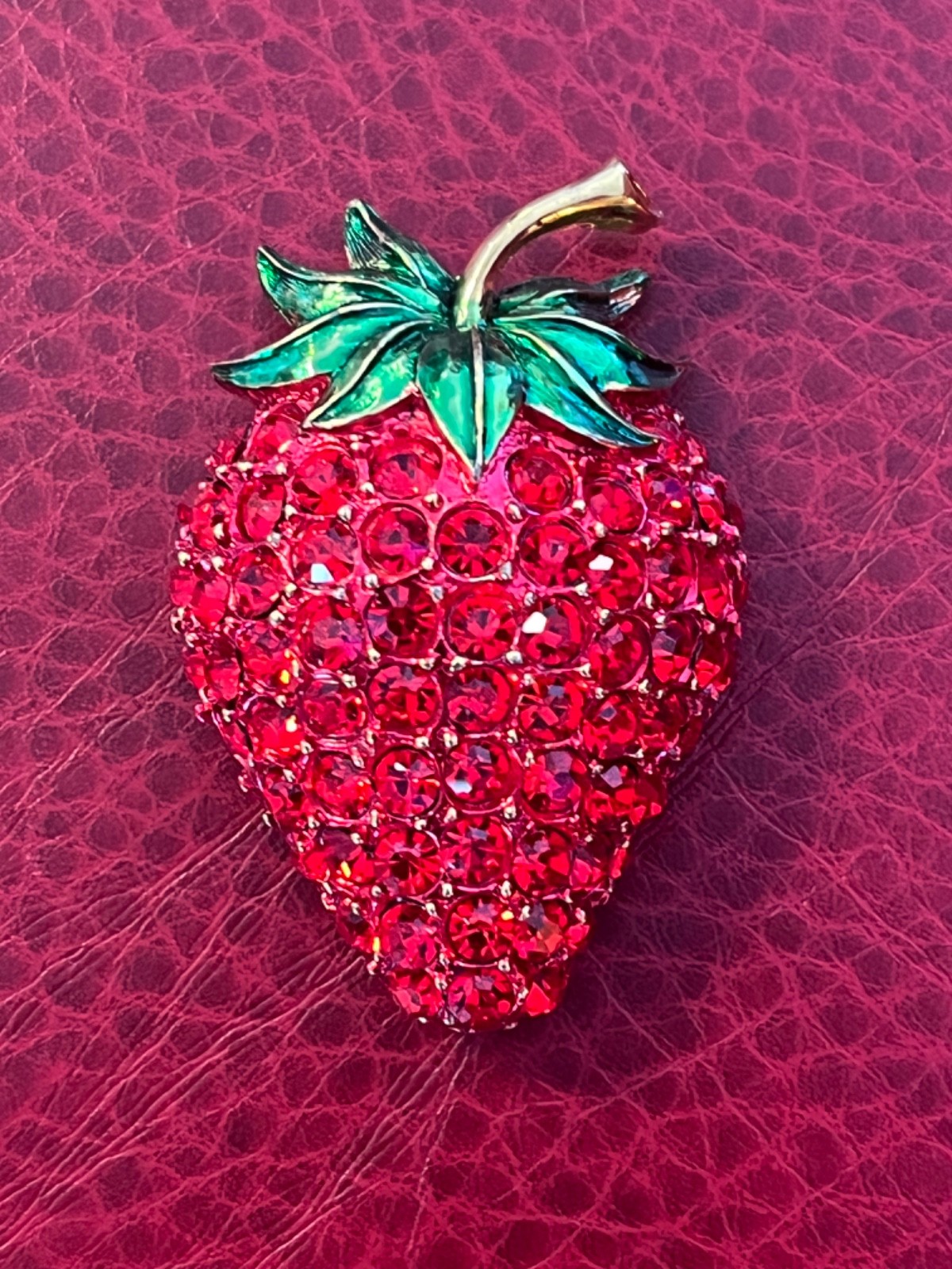 Yummy Red Crystal Rhinestone &Enamel Strawberry Brooch by Revere 1.75″Lx1.25″W