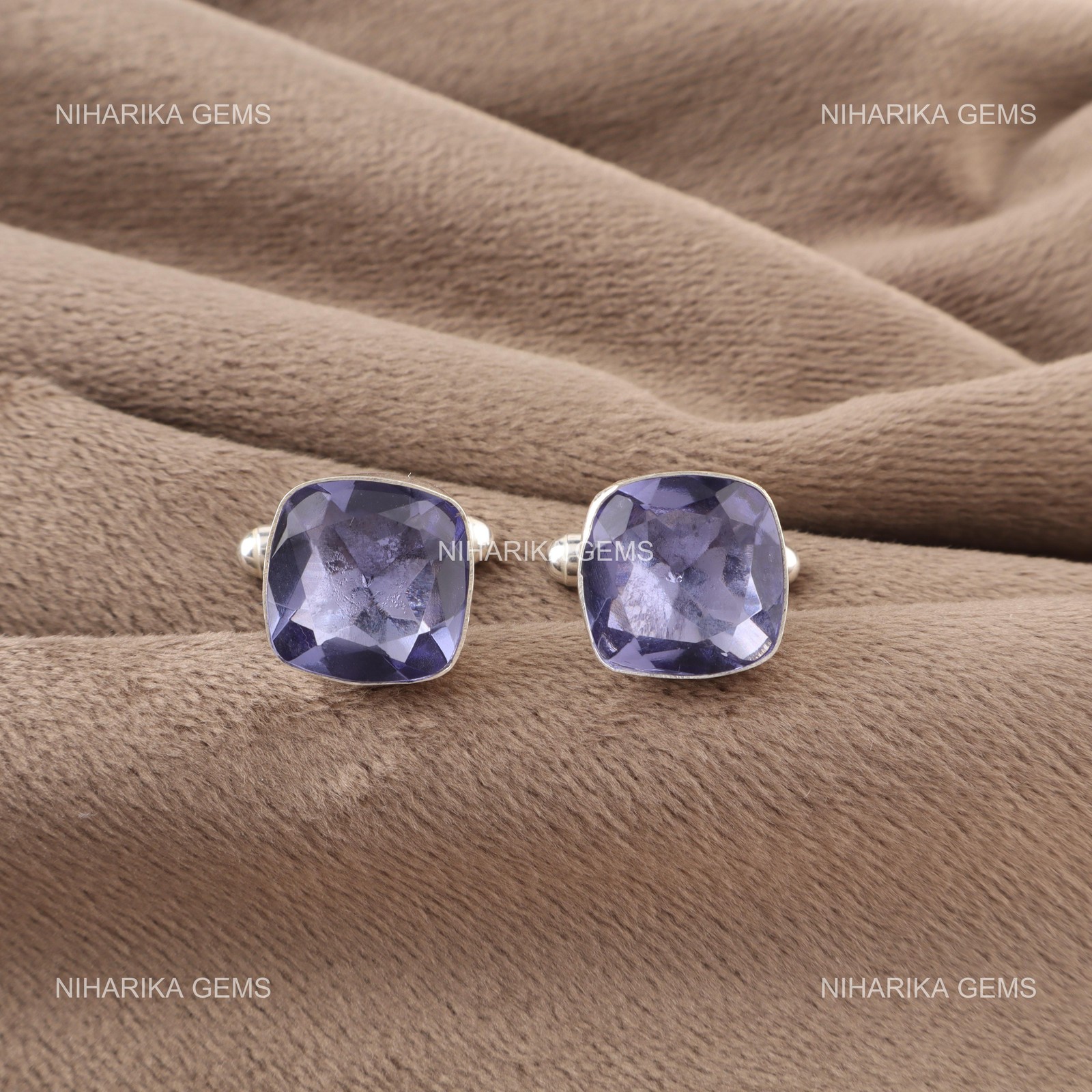 925 Sterling Silver Natural Iolite Purple Classic Dad Gifts Cufflinks Jewelry