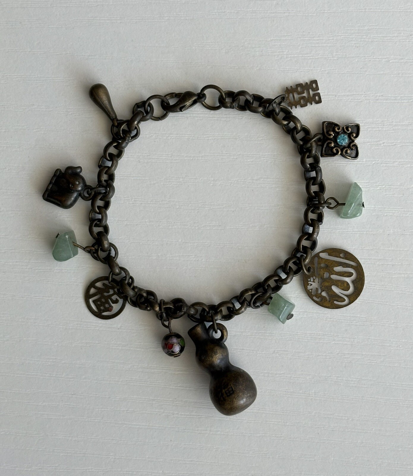 Vintage Chinese Cloisonné Charm Bracelet 7.25in Ladies Good Luck Jade 16.80g