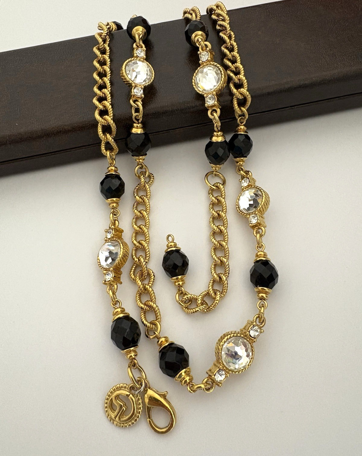 Vintage St. John Necklace Thick Textured Gold Tone Chain Black Clear Glass Beads