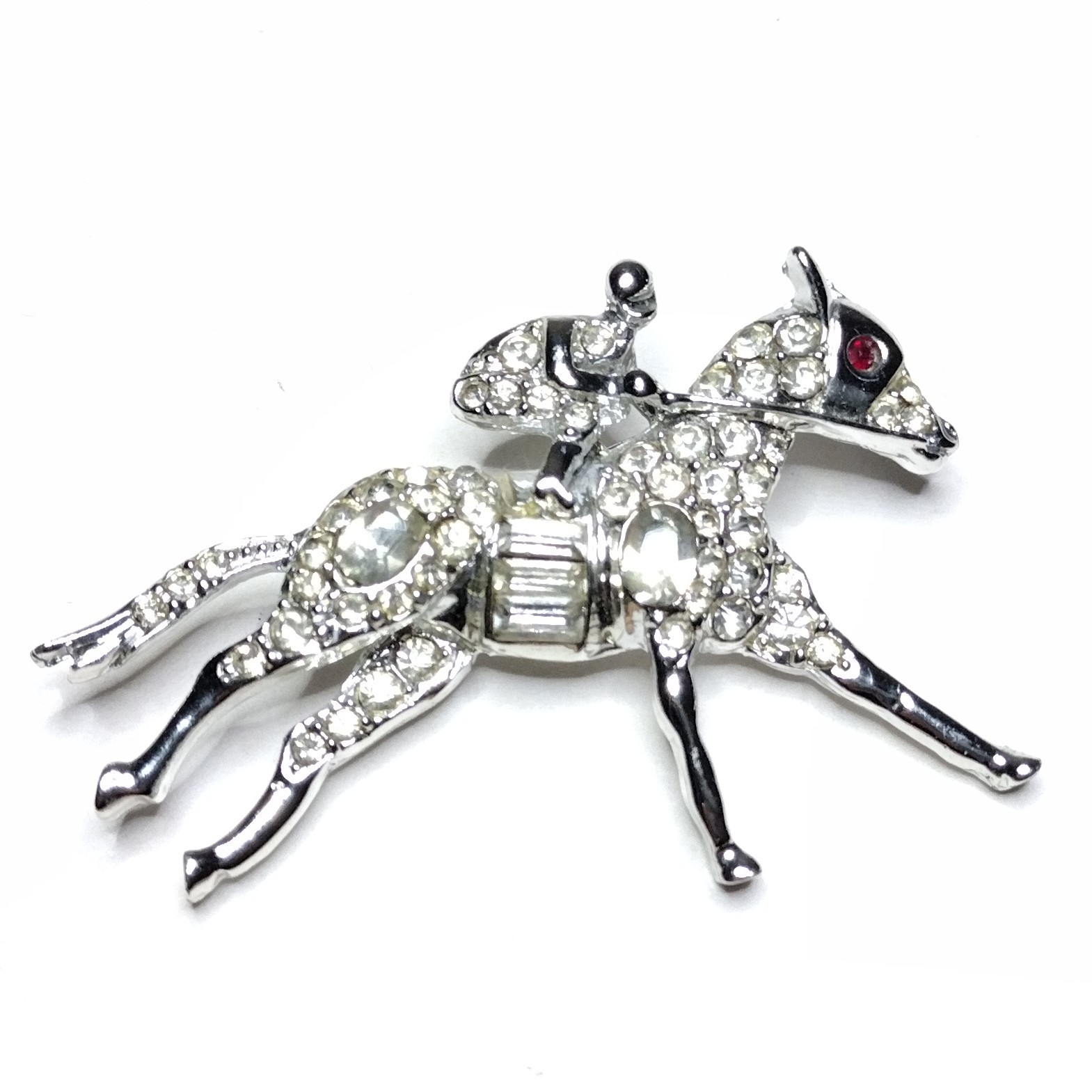 Vtg Rhinestone Equestrian Brooch Pin Derby Race Horse & Rider White Metal PELL ?