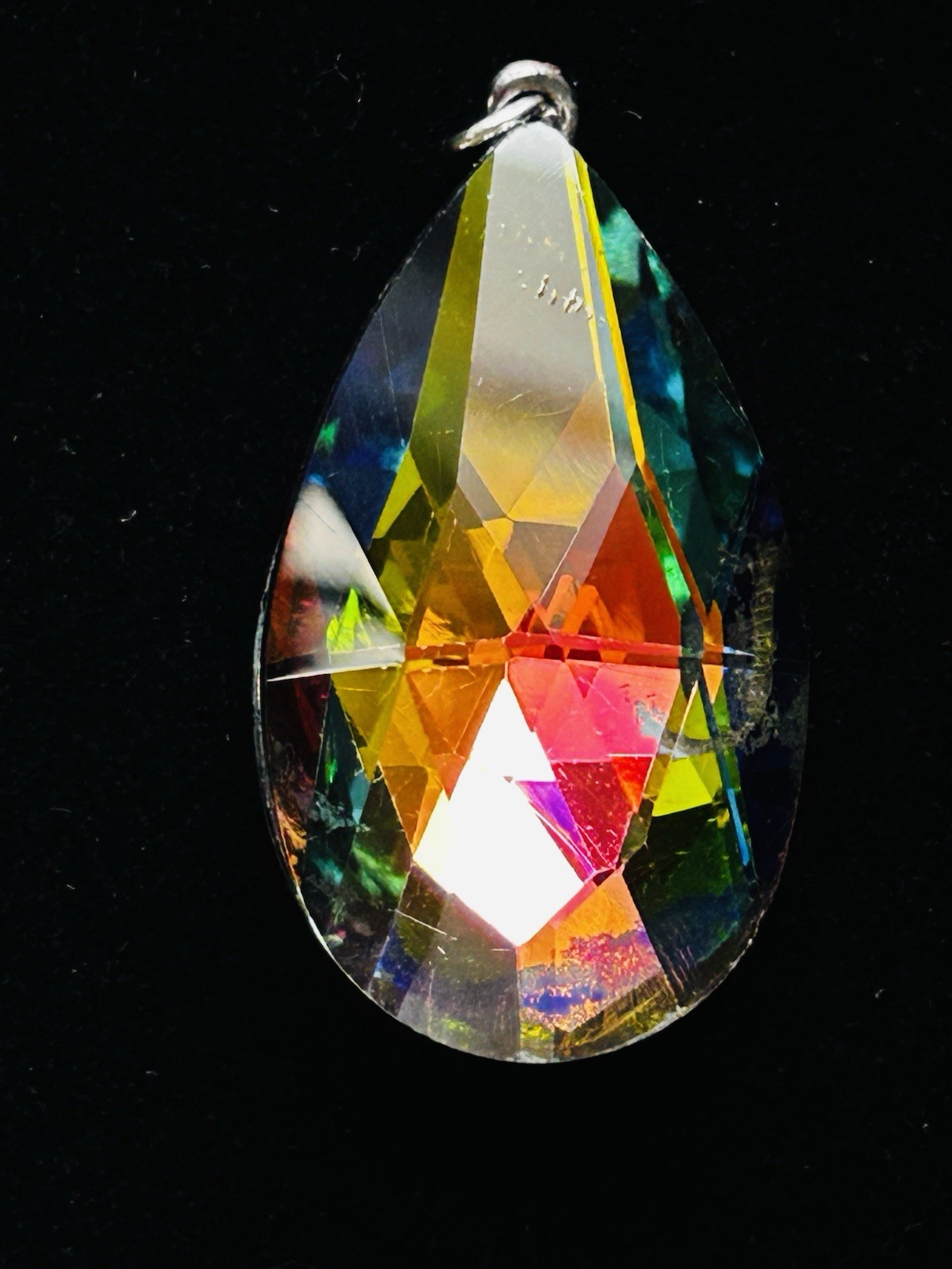 Vintage Vitrail Rainbow Faceted Crystal Teardrop Pendant Silver Tone Bail