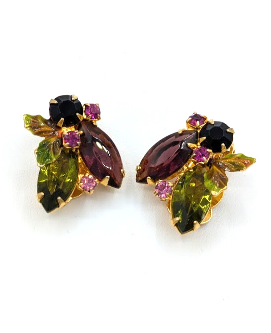 Vintage Floral Cluster Clip Earrings Purple Green Rhinestone