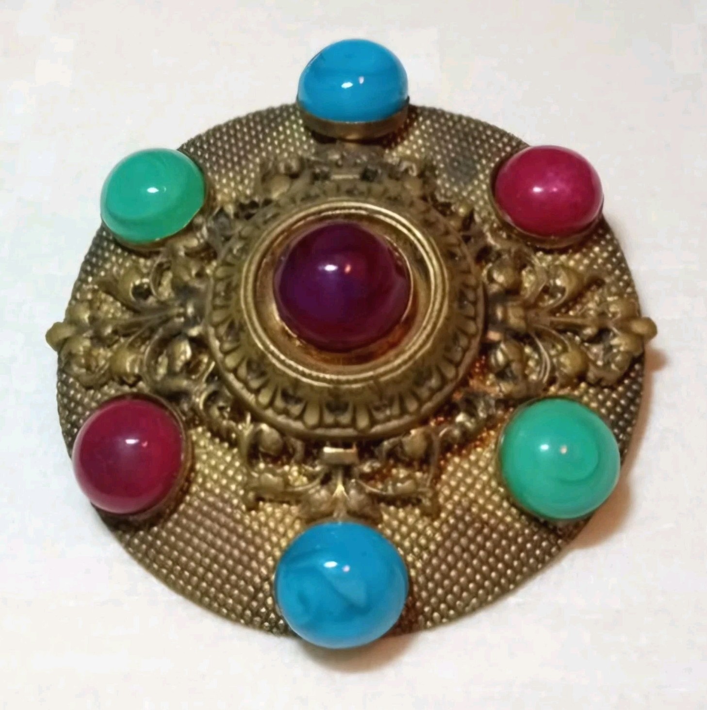 Antique French Medallion Brooch Gripoix Glass Trumpet Clasp