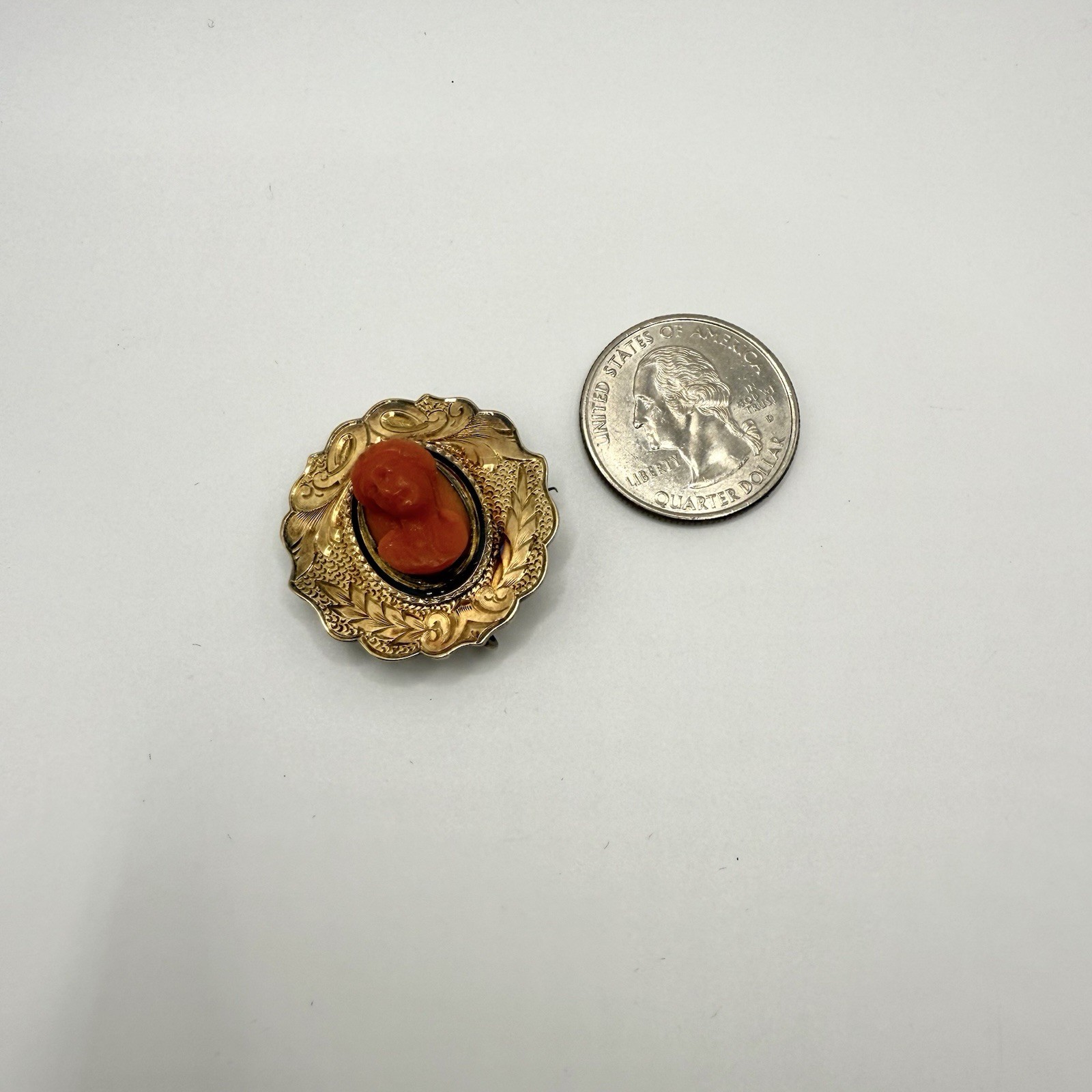 Antique Victorian Era Carved Coral Cameo RARE 3D Bust 10k Gold Frame Brooch Pin