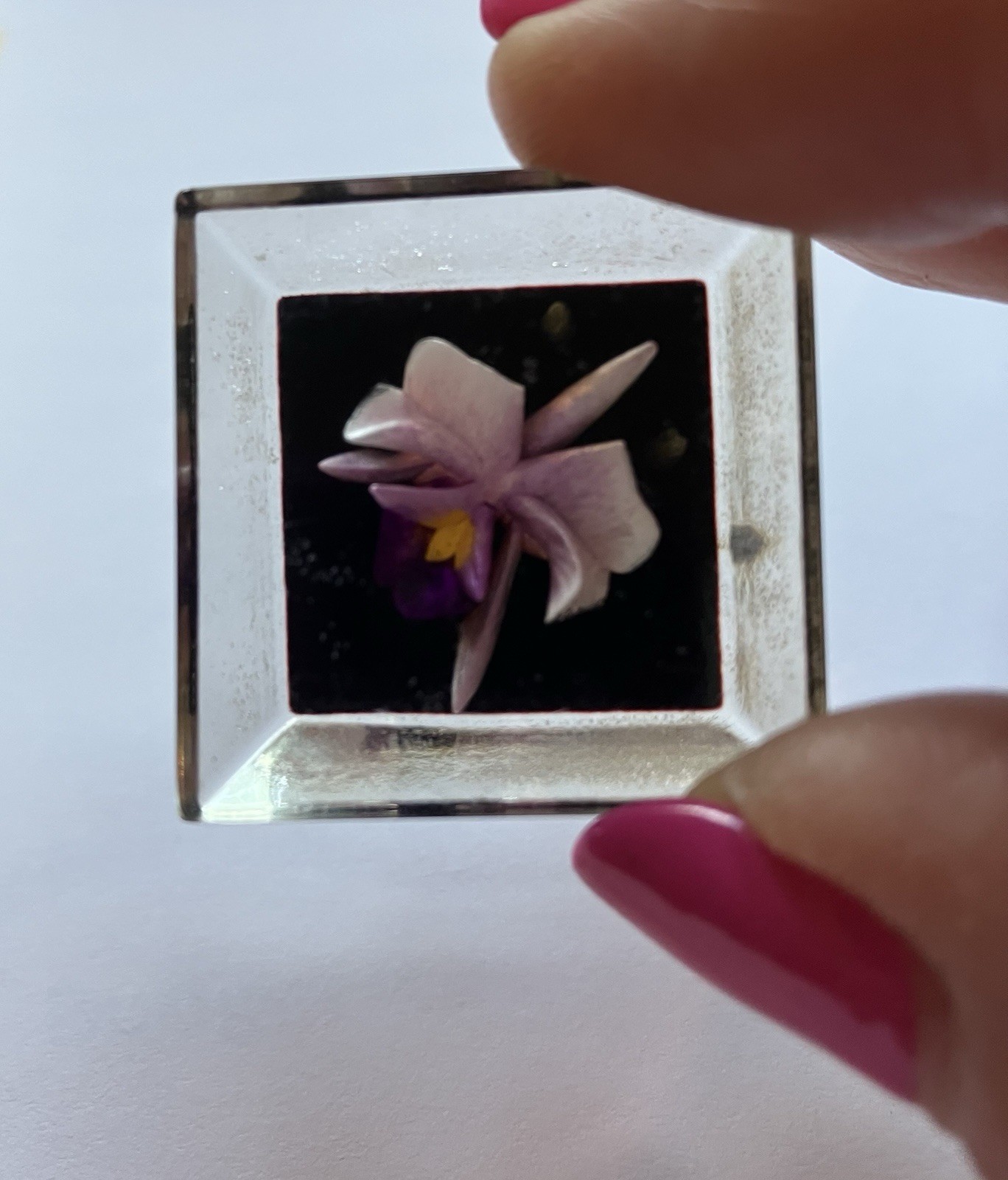 Vintage Reverse LUCITE Carved Purple ORCHID Pin Brooch Clear Floral