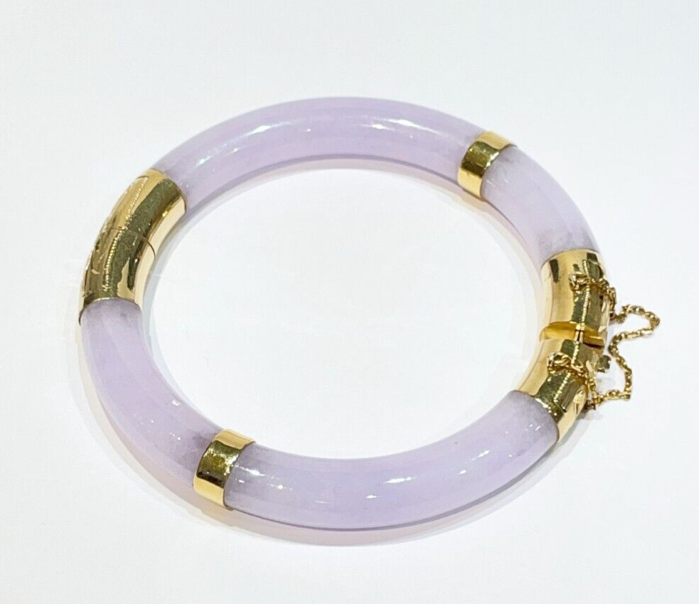 Vintage Lavender Jade Hinged 14k Yellow Gold Bangle Bracelet 8.4 mm 7″ inch