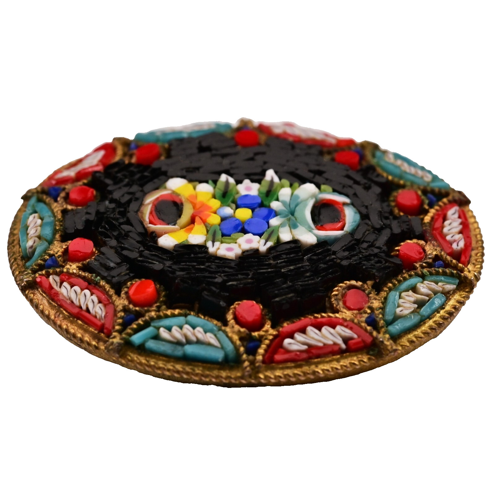 Antique Original Vintage Murano Glass Micro Mosaic Venetian Estate Brooch Pin