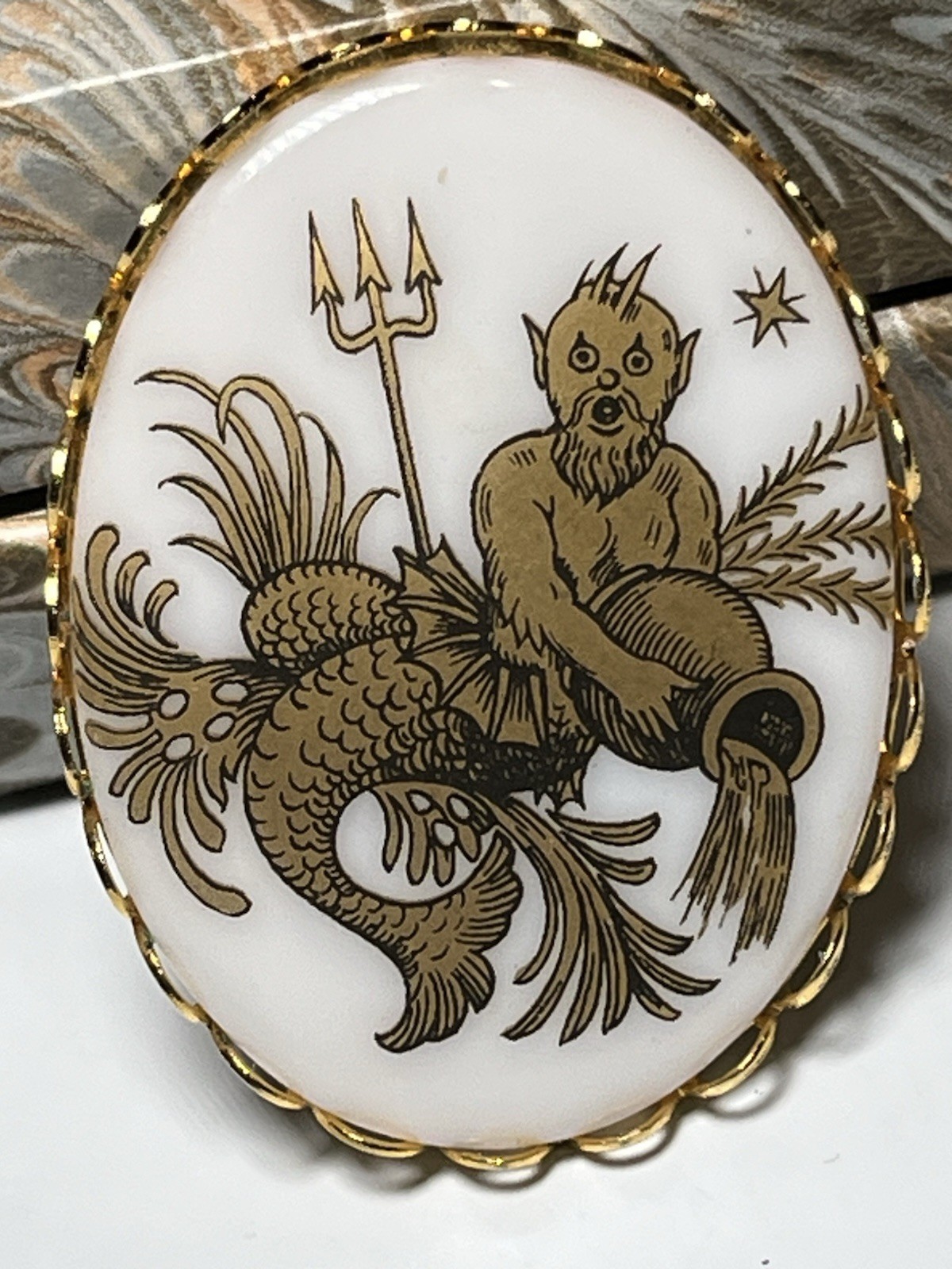 Vintage king Neptune Poseidon merman damascene Resin metal brooch 1-5/8”