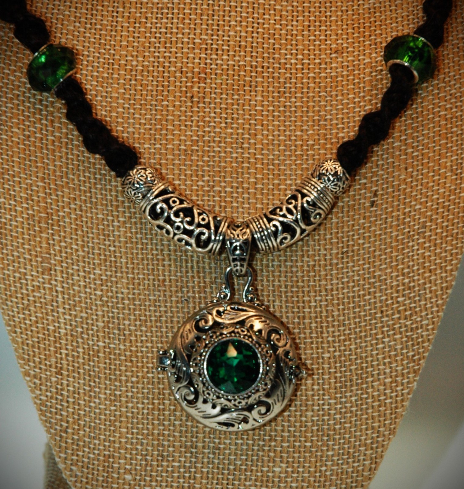Antique Style Locket with a Green CZ Stone on 20 1/4″ Black Handmade Hemp Chain