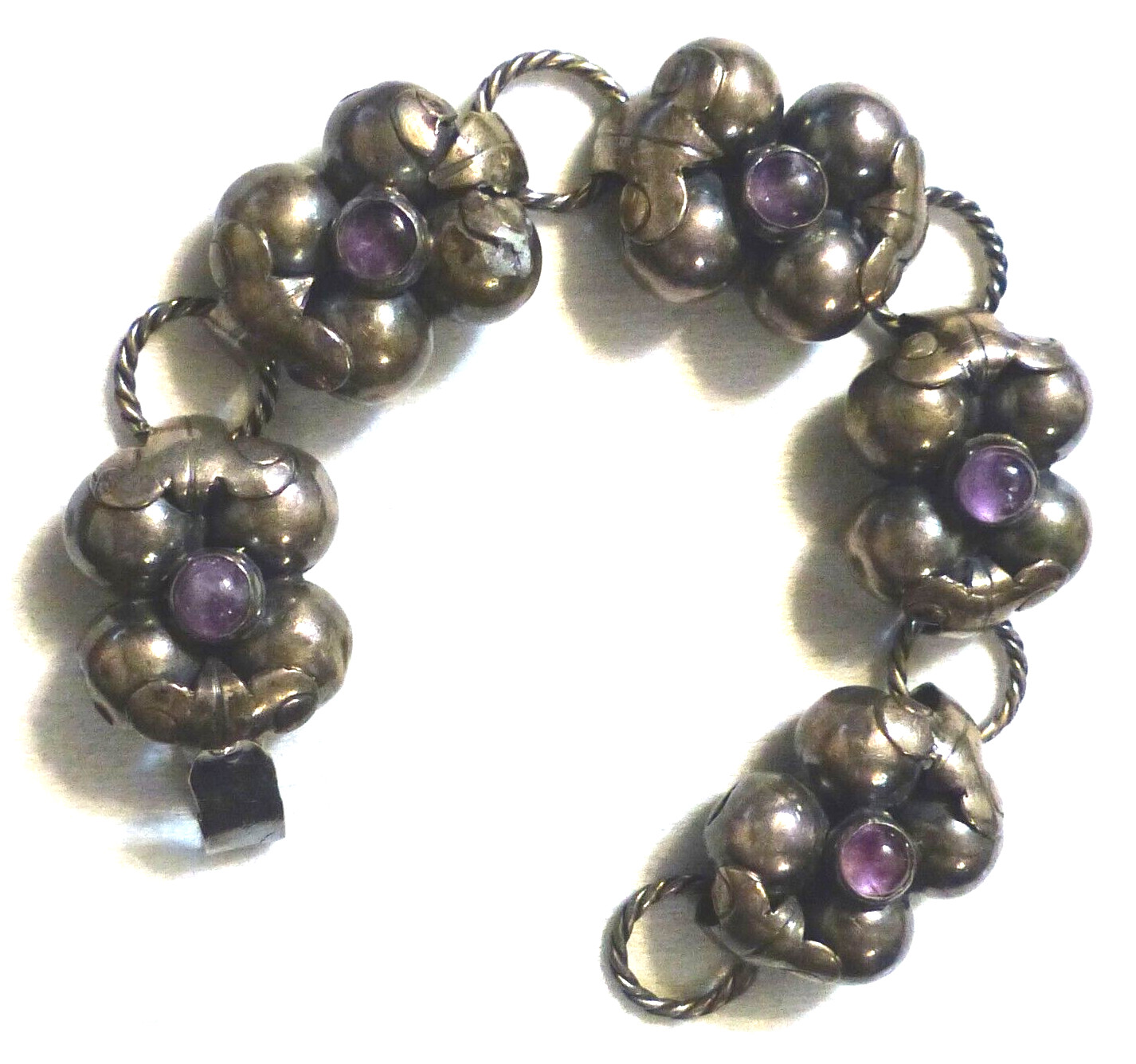 Mexican Silver Amethyst Bracelet With Slver Rope Links Vintage