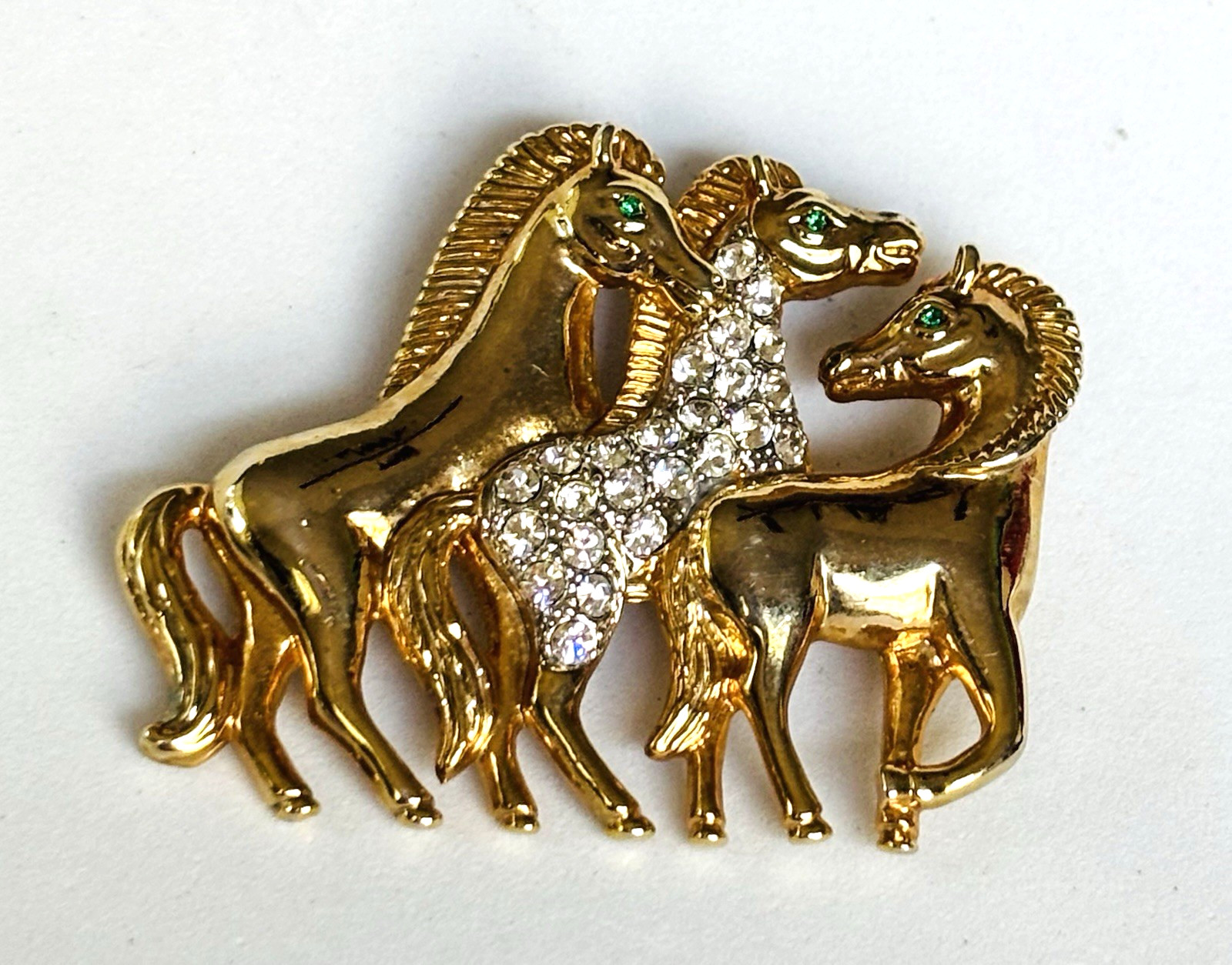 Vintage gold tone rhinestone Horse Horses equestrian Brooch Pin Pendant
