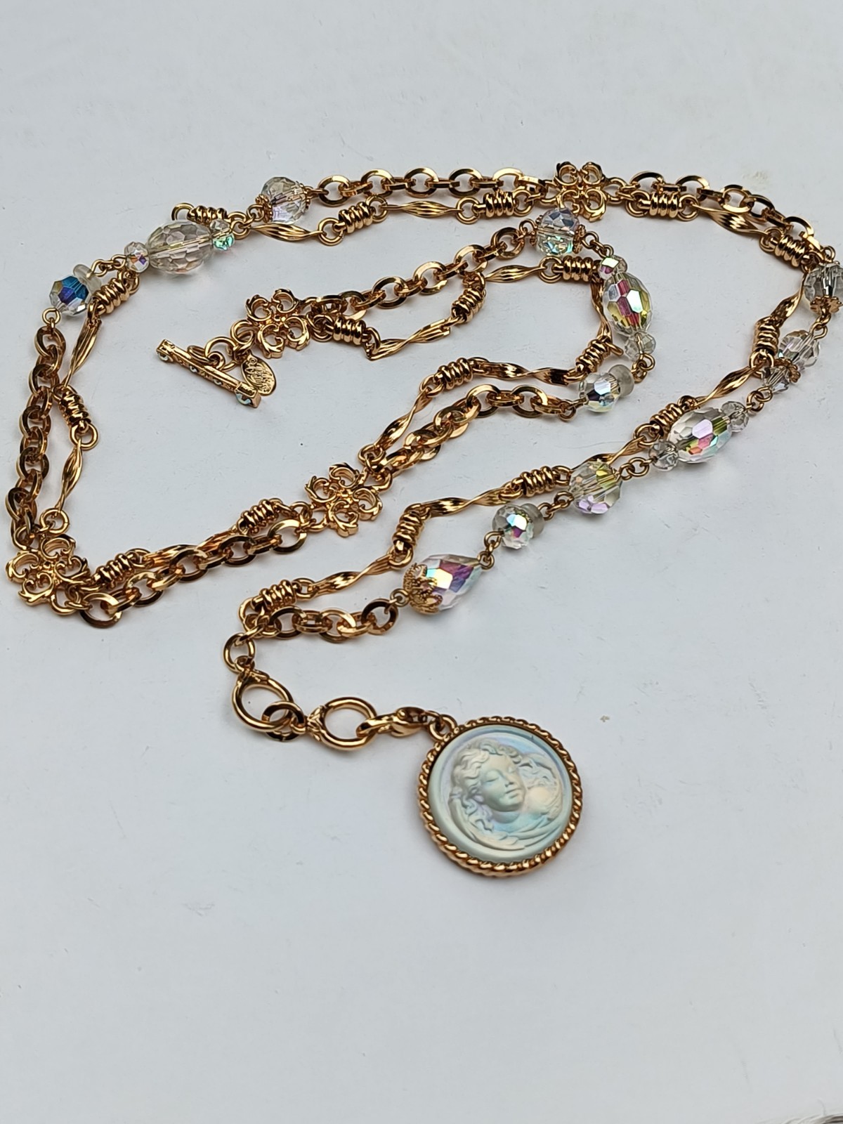 KIRKS FOLLY Angel Irade scent Love Never Dies Pendant AB Gold Tone 27″ Necklace