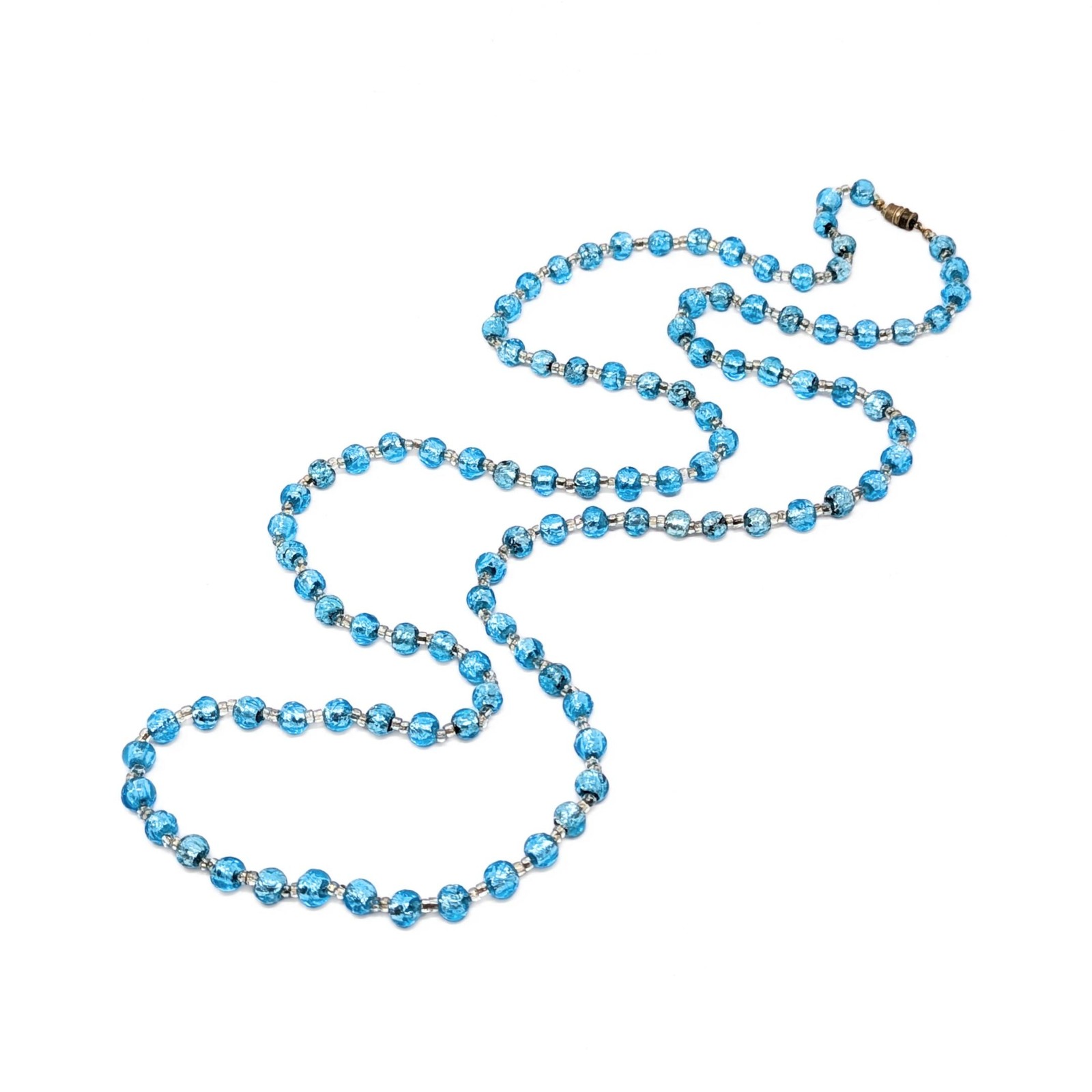 Vintage Venetian 52” Aqua Blue Foil Glass Bead Flapper Strand Necklace
