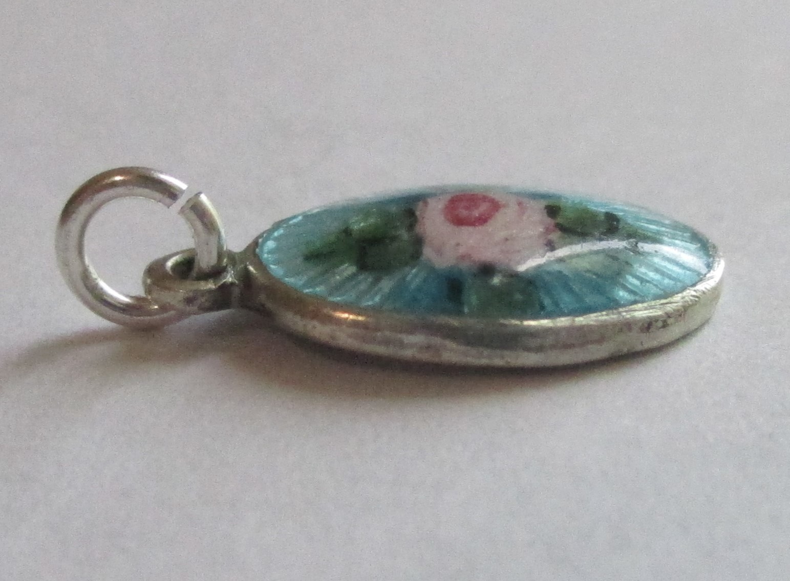 9/16in SMALL VINTAGE STERLING SILVER BLUE GUILLOCHE ENAMEL ROSE FLOWER CHARM
