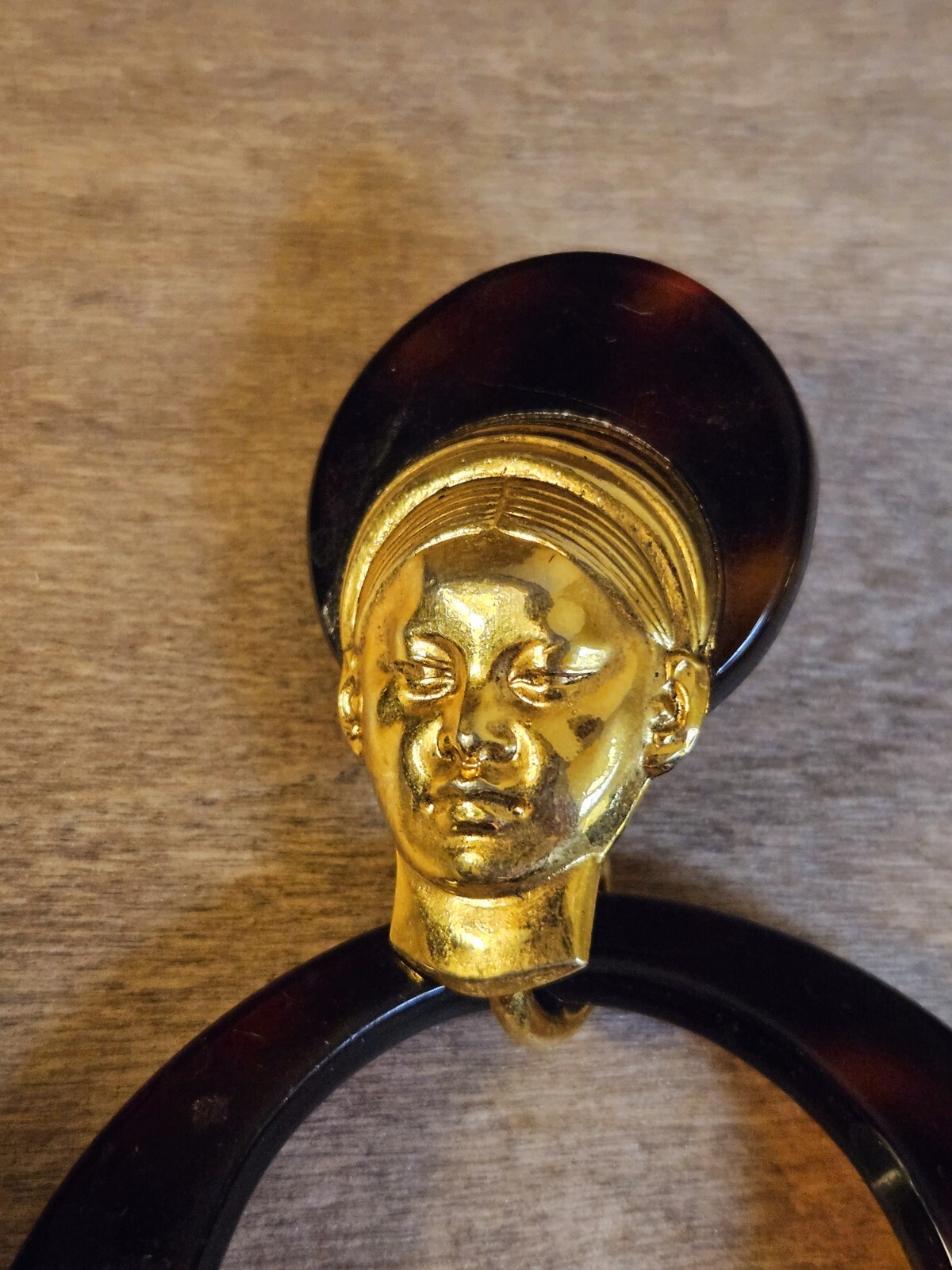 Door Knocker Earrings Tortoise Shell Acrylic Woman Head Gold Tone Pierced