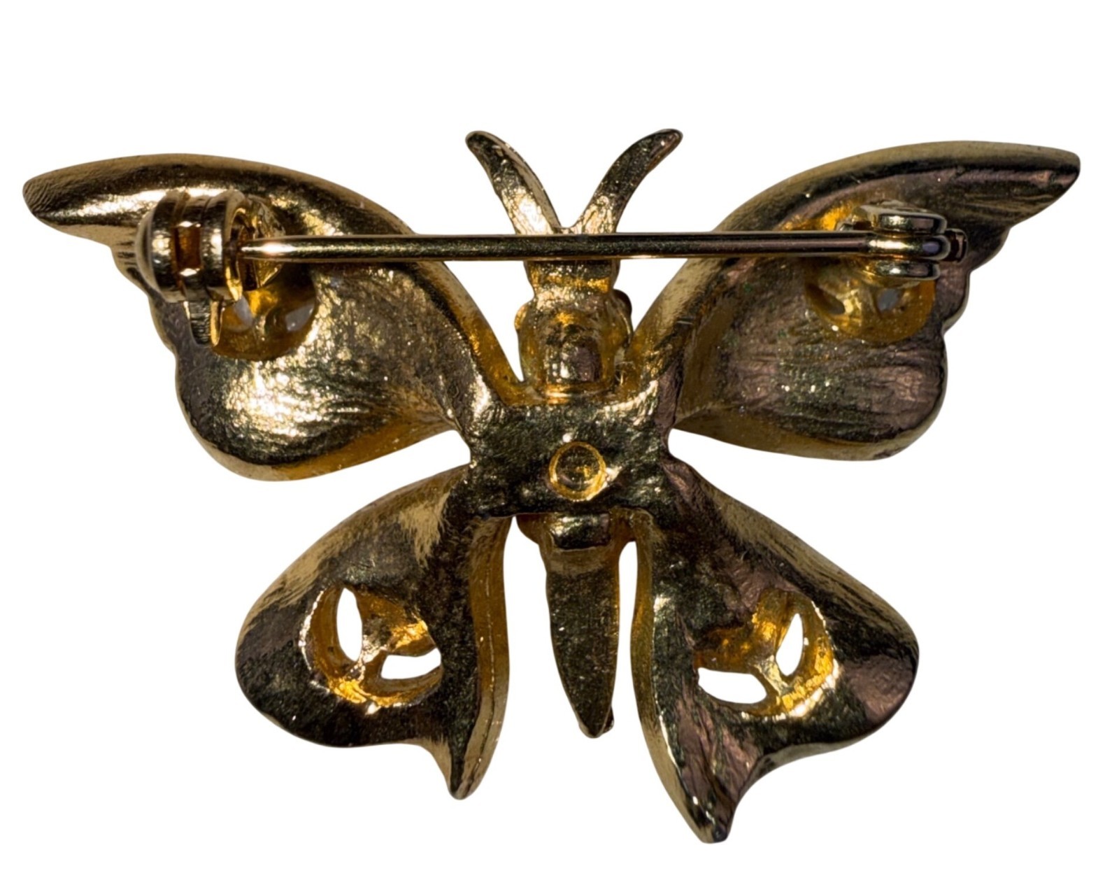 Gold Tone Women Gold & Pink Butterfly Rhinestone Brooch With Cabochon Stone