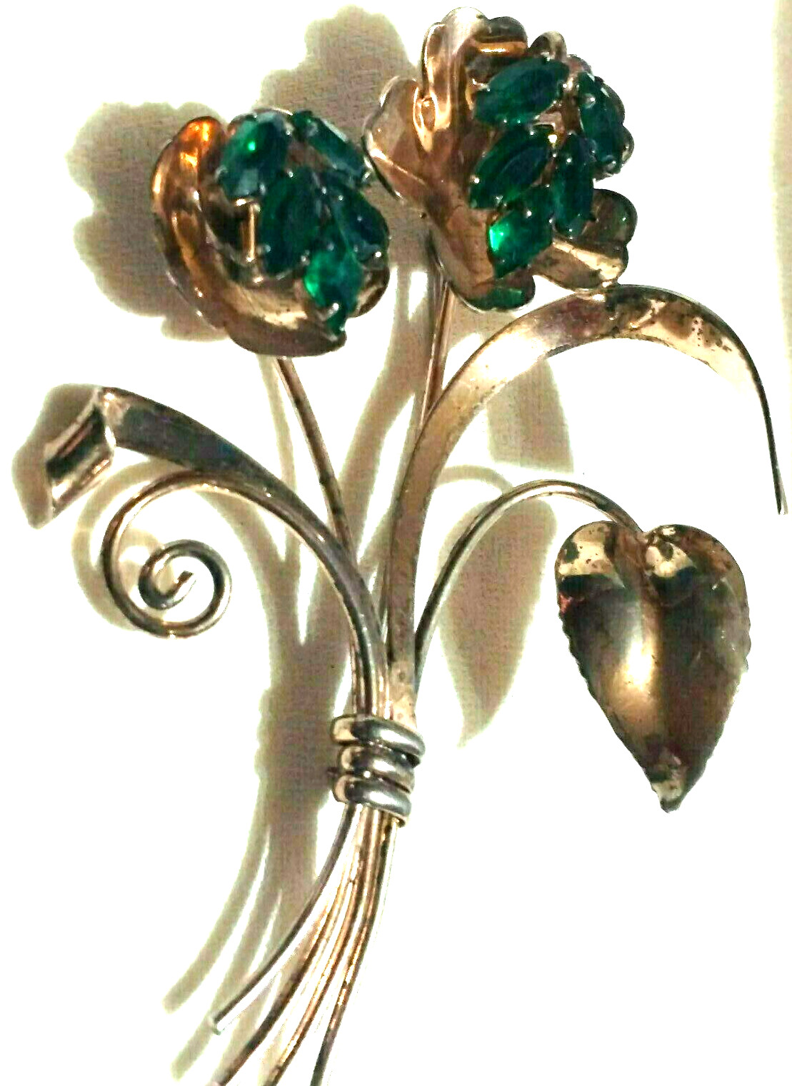 Green Stone Leaves Art Nouveau Brooch Sterling Silver VTG Estate 1930’s-1950’s