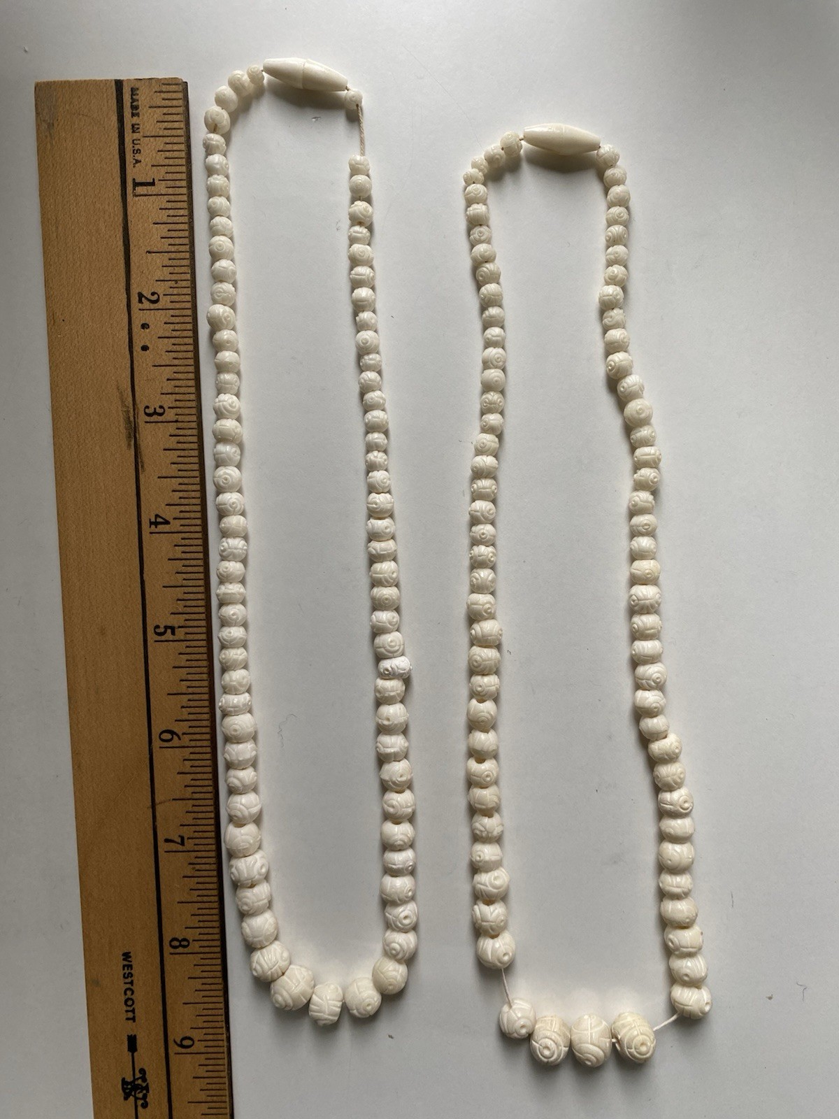 2 Vintage Carved Cow Bone Bead Necklaces w/ Bone Screw Clasp Chinese Export